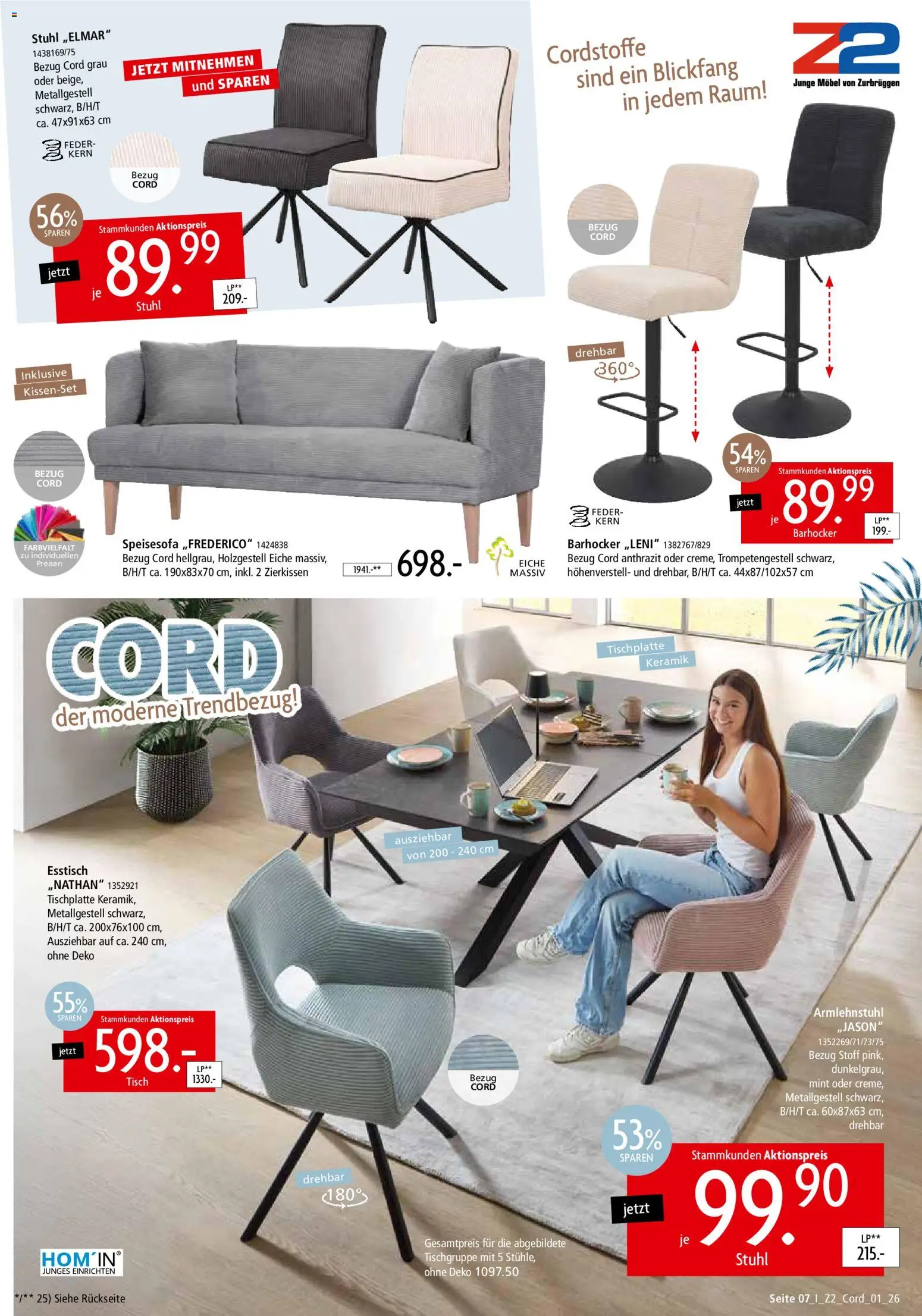 Zurbrüggen Trendbezug Cord – gültig ab 28.03.2026 | Seite: 7 | Produkte: Esstisch, Barhocker, Tisch, Stuhl
