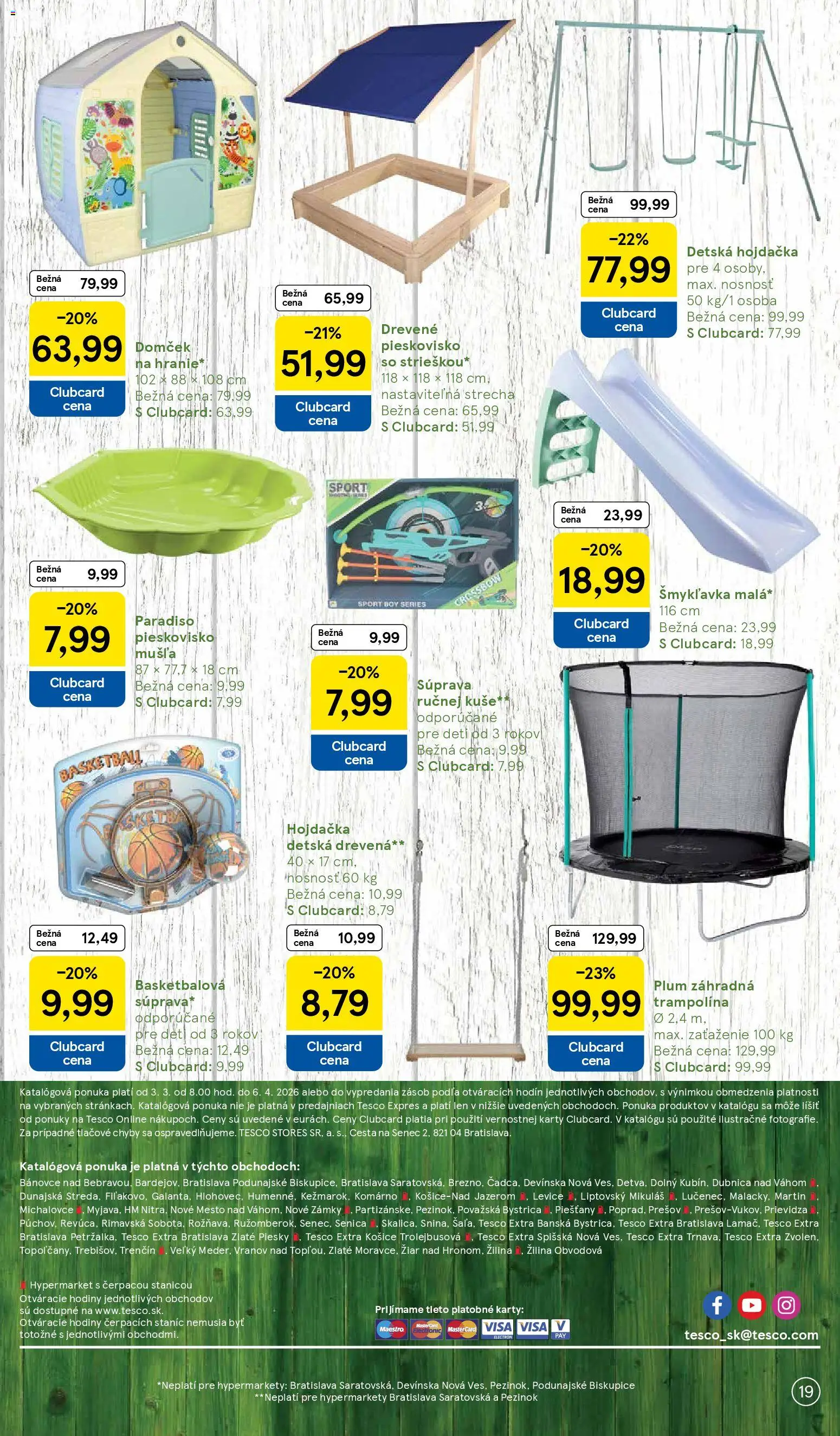 Nové Tesco akcie – leták je platný od 03.03.2026 | Strana: 19 | Produkty: Hodiny, Detská hojdačka, Hojdačka