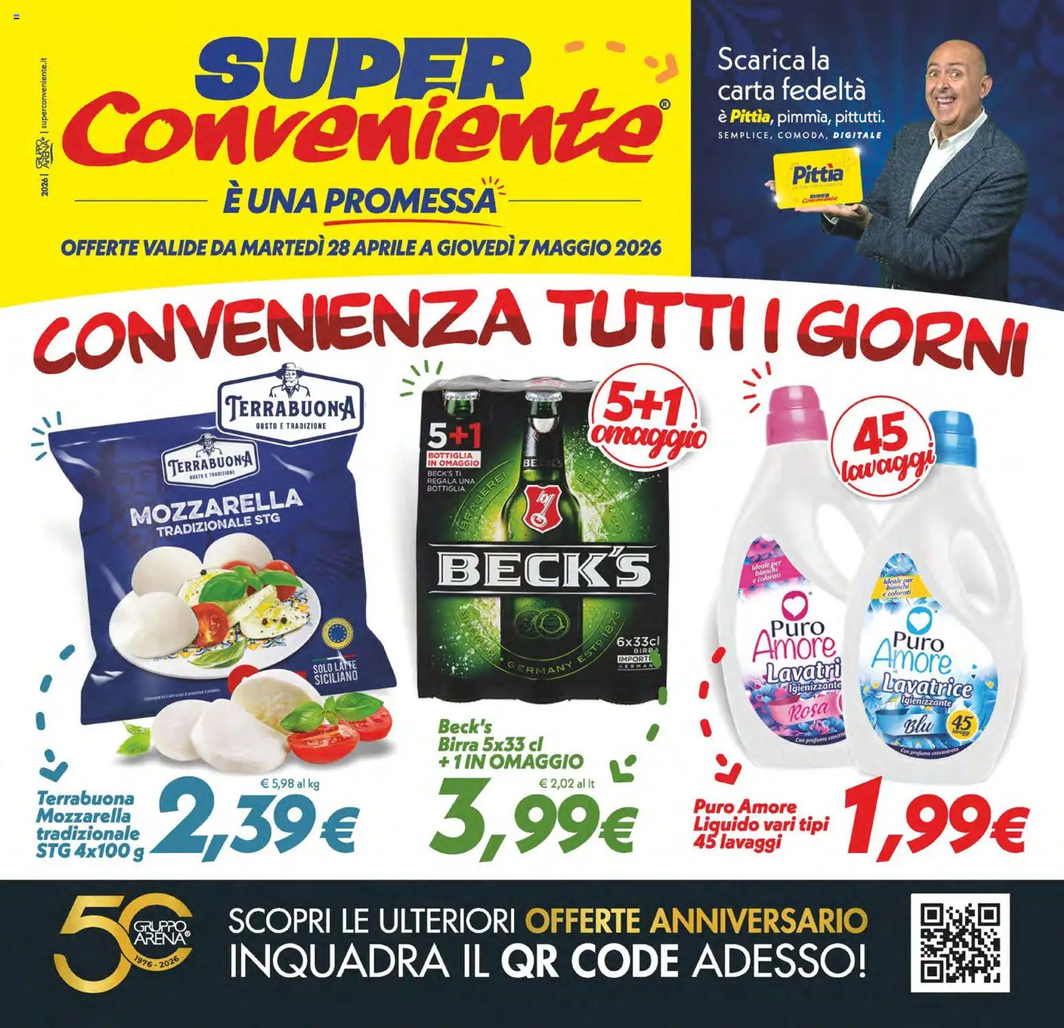 Volantino SuperConveniente del 28.04.2026 | Pagina: 1 | Prodotti: Mozzarella, Latte, Lavatrice, Bottiglia