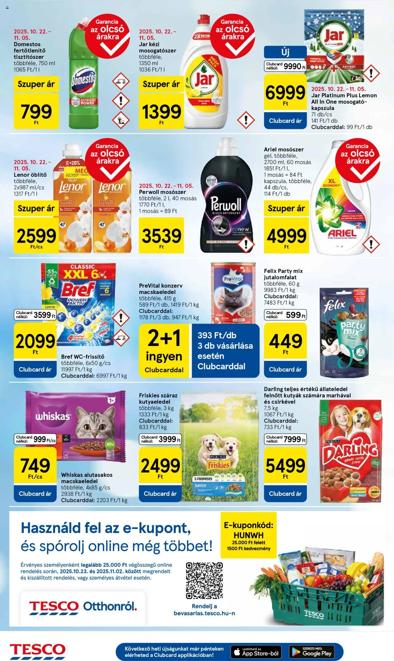 Tesco akciós ujság - amely érvényes a következő dátumtól: 21.10.2025 | Oldal: 8 | Termékek: Perwoll, Macskaeledel, Kutyaeledel, Öblítő