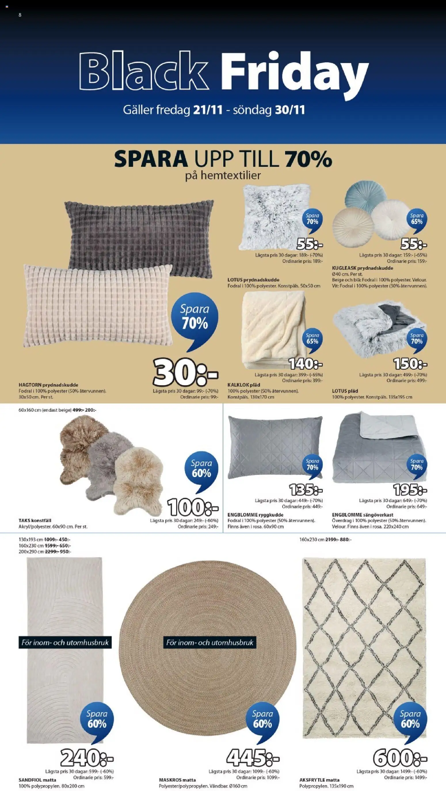 JYSK reklamblad aktuell från 21.11.2025 | Sida: 8 | Produkter: Sängöverkast, Prydnadskudde, Pläd, Matta