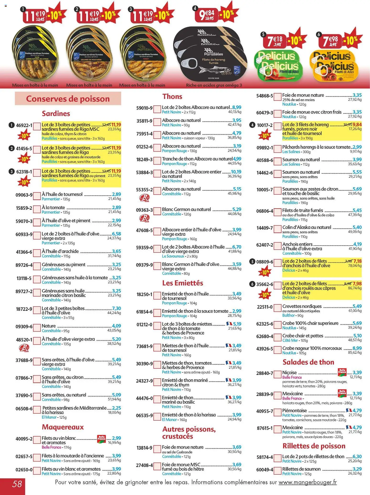 {H1} | Page: 58 | Produits: Sardines, Herbes de provence, Huile, Crabe