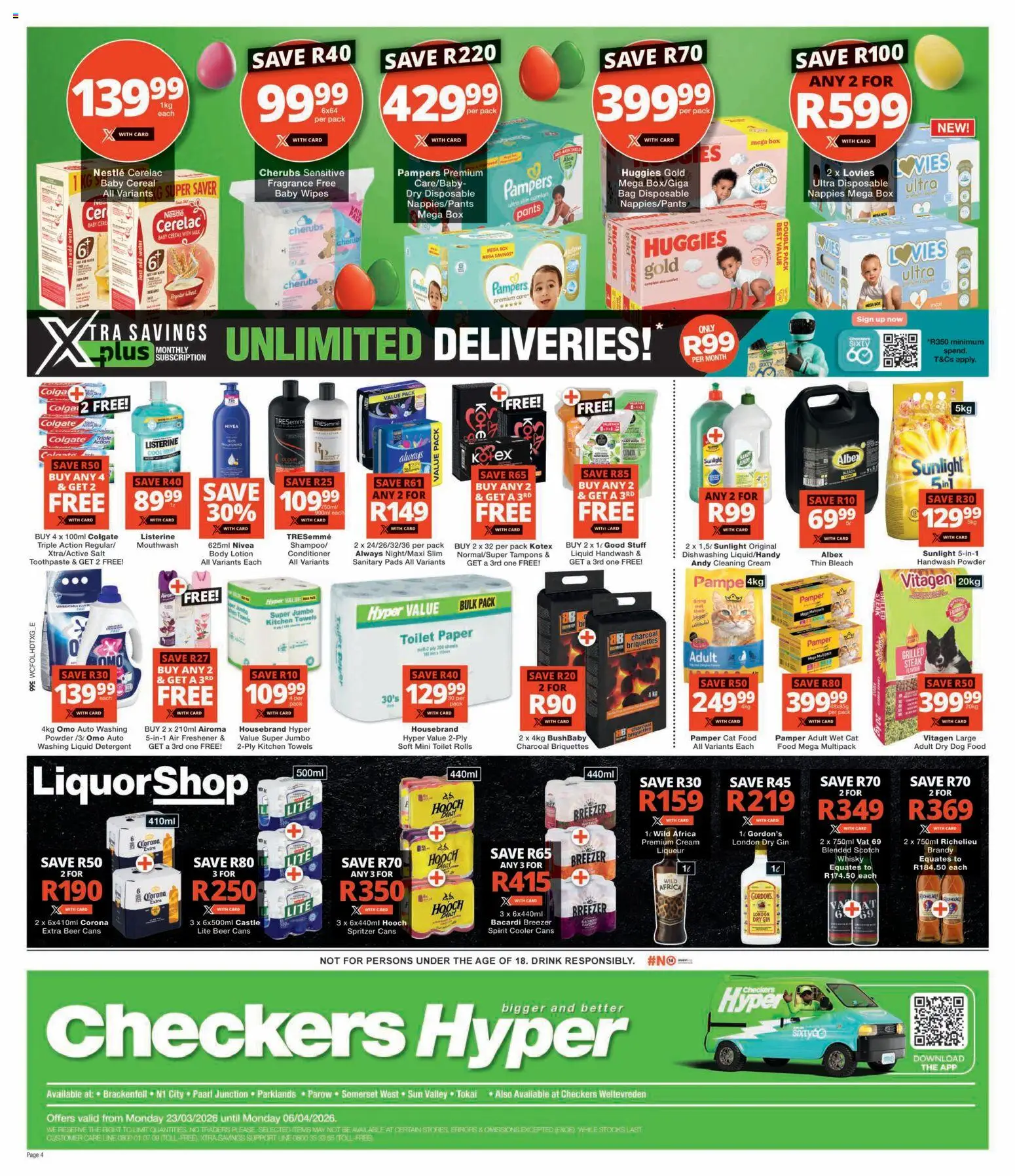 New Checkers catalogue – valid from 23.03.2026 | Page: 4 | Products: Pads, Milk, Salt, Cat food