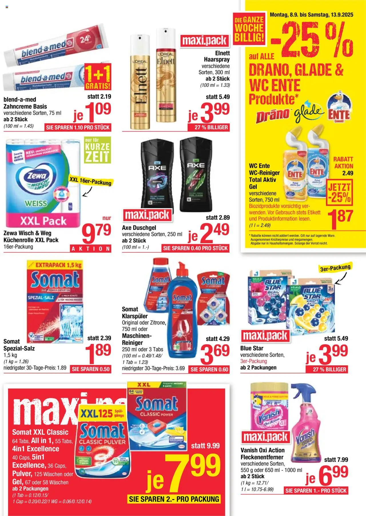 Maximarkt Flugblatt gültig ab 08.09.2025 | Seite: 11 | Produkte: Klarspüler, Haarspray, Duschgel, Fleckenentferner