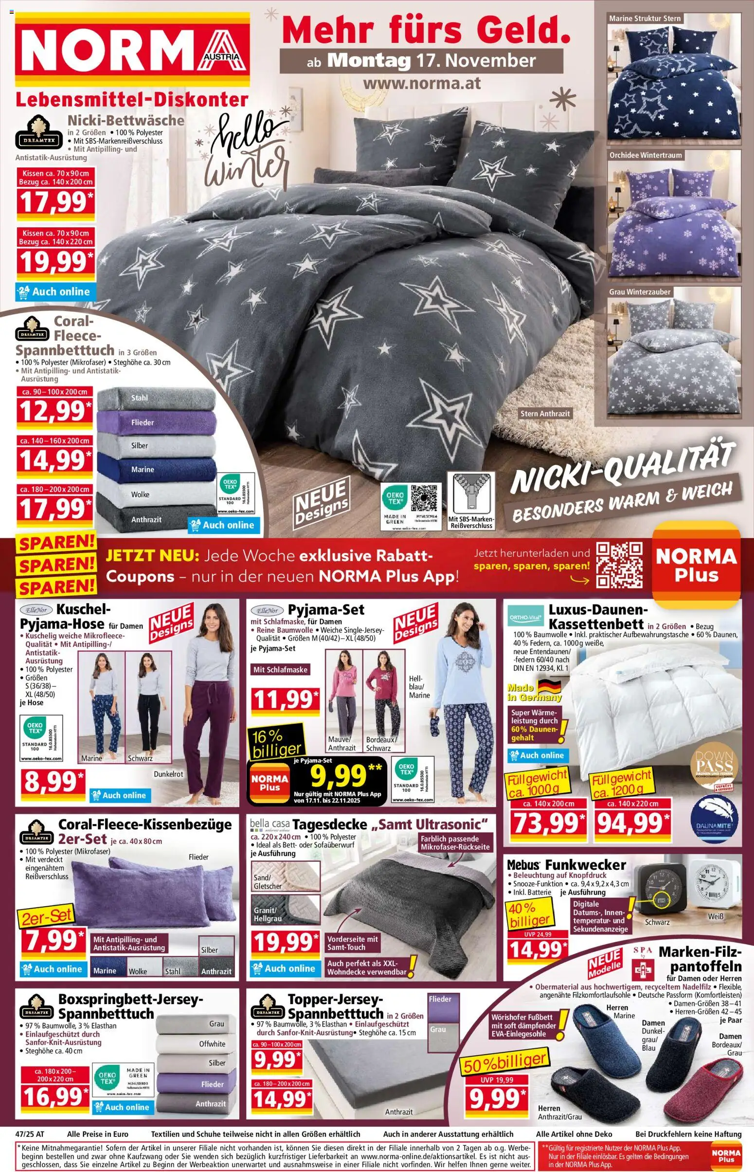 Norma Flugblatt gültig ab 17.11.2025 | Seite: 1 | Produkte: Hose, Bett, Kissen, Batterie