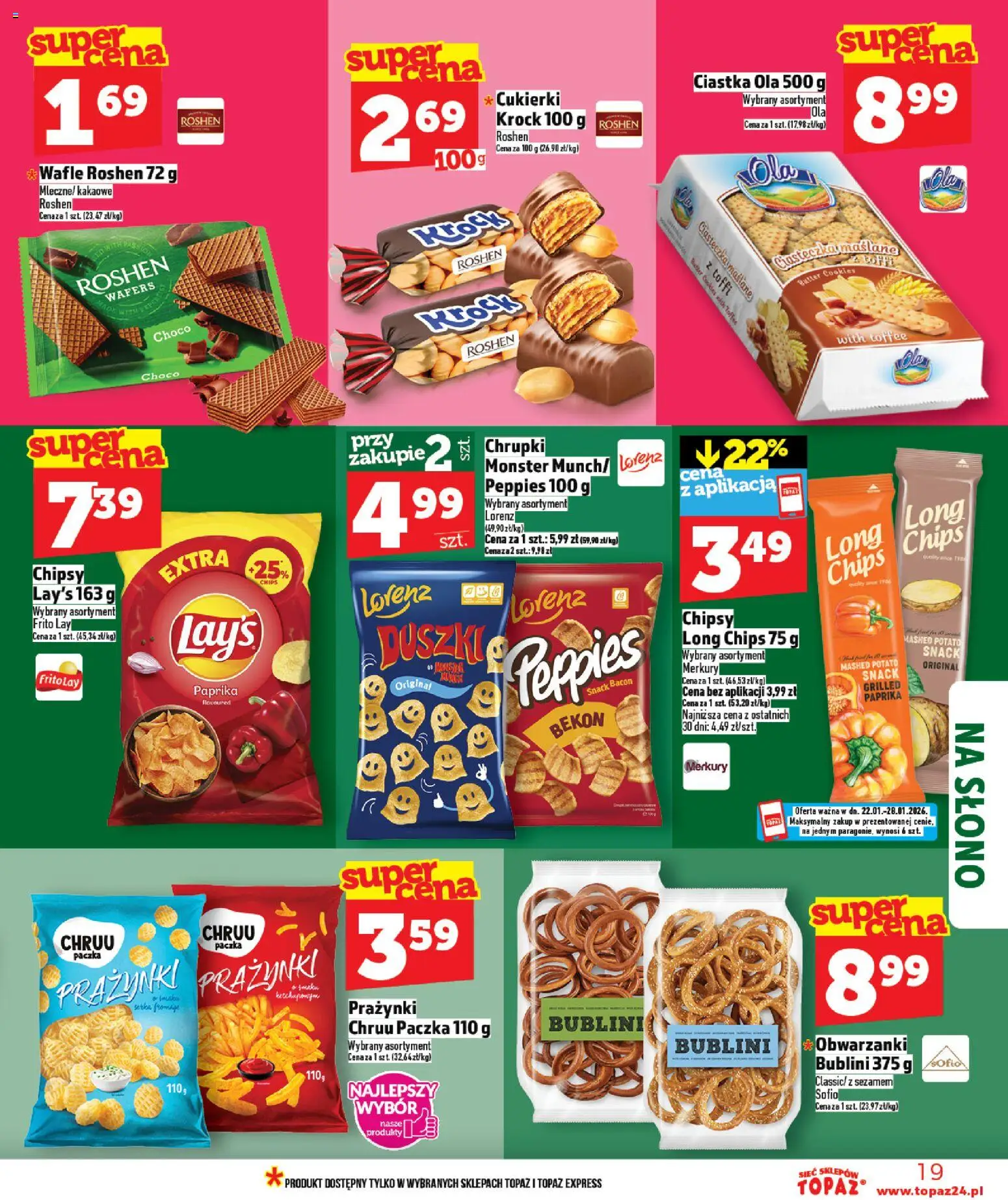 Topaz Gazetka MAZ od 22.01.2026 | Strona: 19 | Produkty: Chipsy, Bekon, Ciastka, Ciasteczka