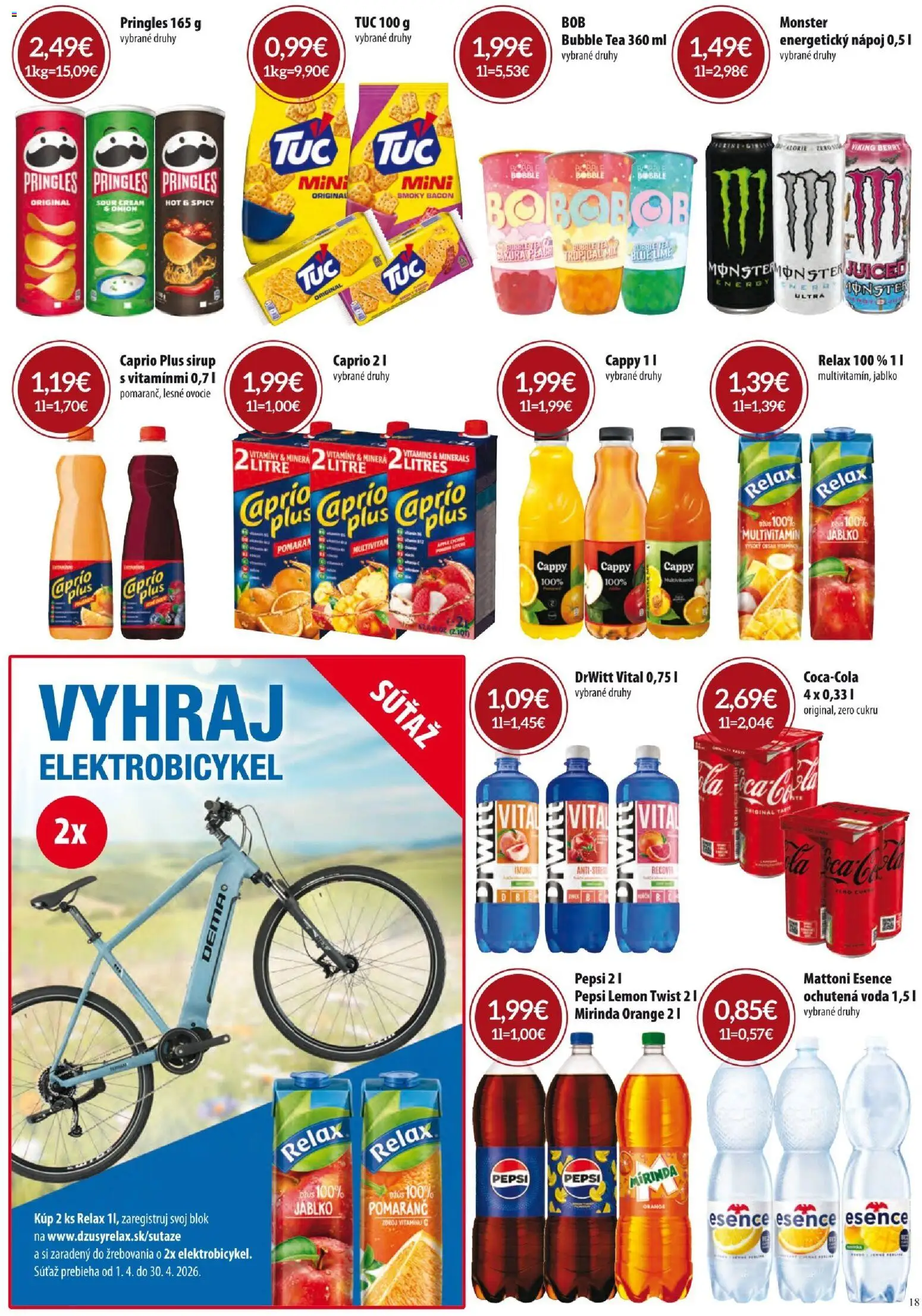 Nové KARMEN CBA akcie – leták je platný od 01.04.2026 | Strana: 18 | Produkty: Elektrobicykel, Mattoni, Voda, Ovocie