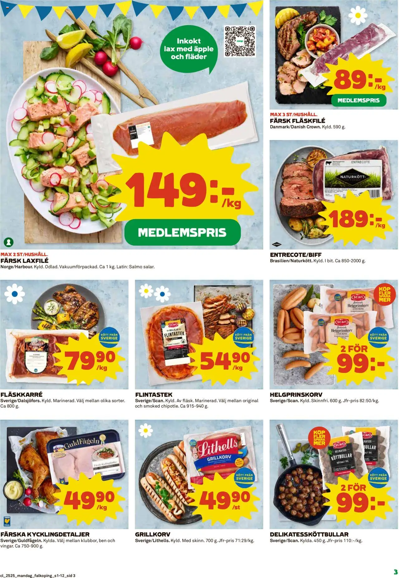 Coop reklamblad aktuell från 16.06.2025 | Sida: 3 | Produkter: Entrecote, Grillkorv, Lax, Äpple