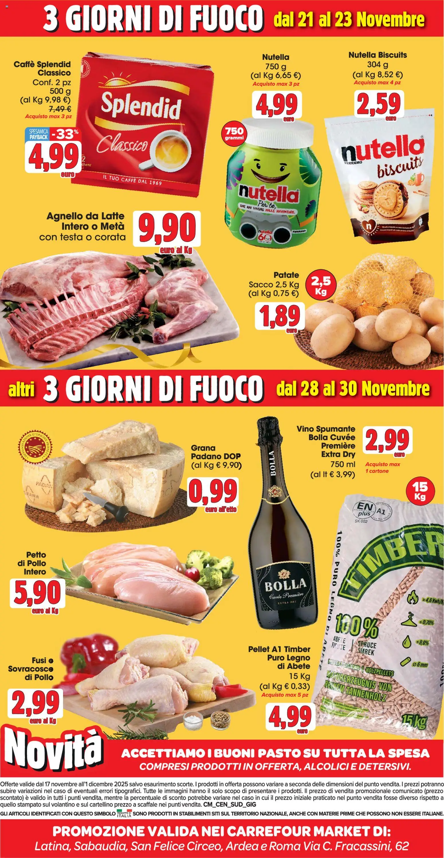Volantino Carrefour del 17.11.2025 | Pagina: 4 | Prodotti: Pellet, Caffè, Latte, Agnello