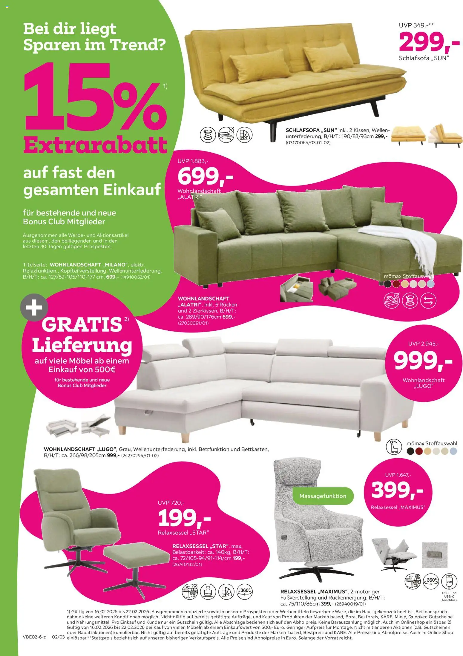 Mömax Prospekt 	 – gültig ab 16.02.2026 | Seite: 2 | Produkte: USB, Wohnlandschaft, Schlafsofa, Relaxsessel
