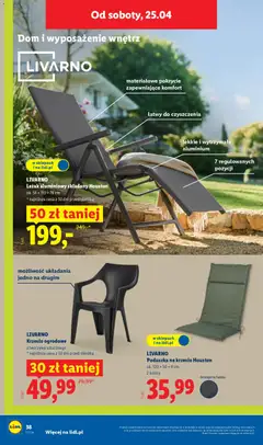 Pogląd oferty "LIVARNO Krzesło ogrodowe, z tworzywa sztucznego" - ważna od 20.04.2026 | Strona: 52 | Produkty: Poduszka, Leżak, Krzesło, Krzesło ogrodowe
