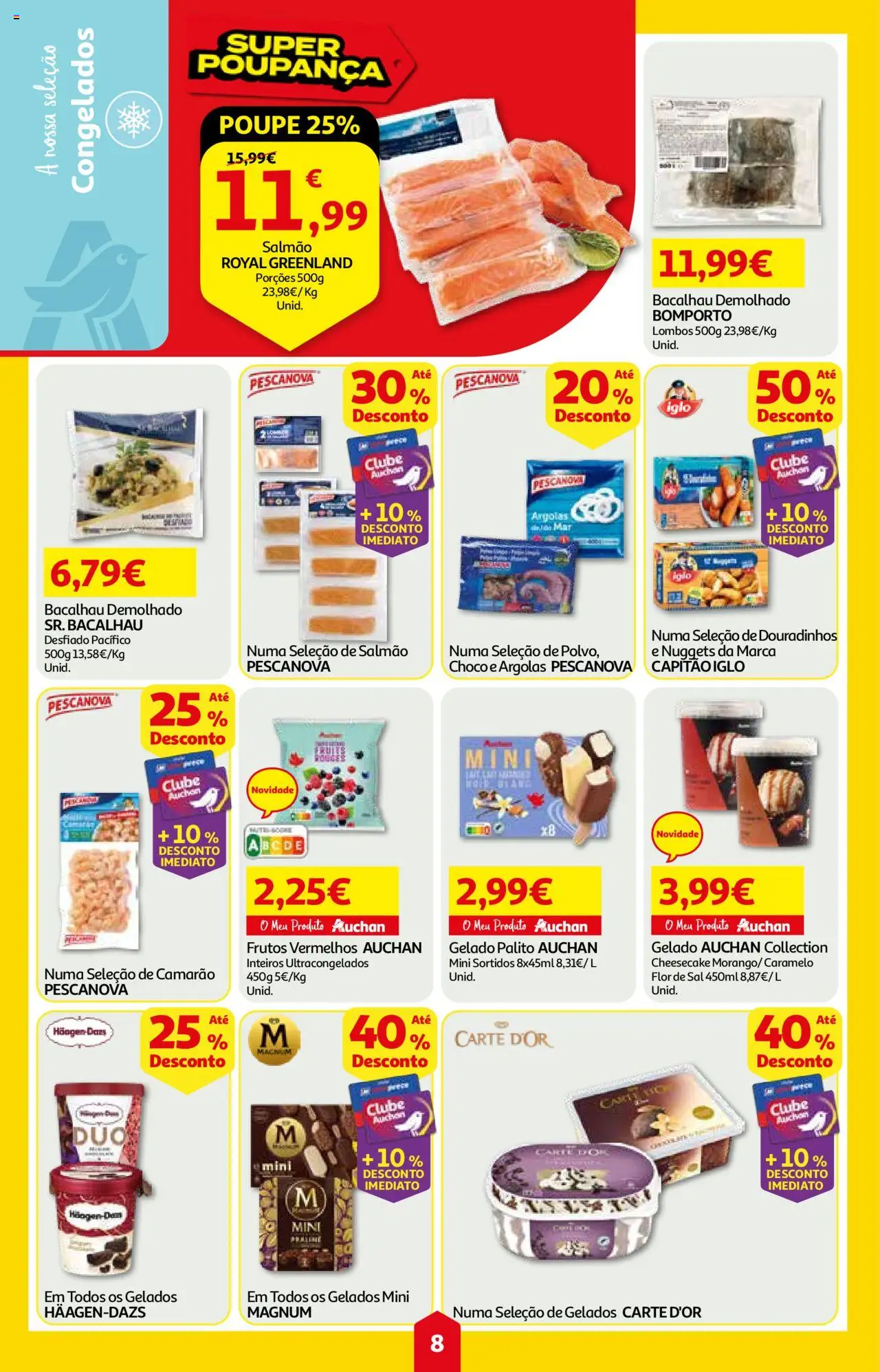 Auchan folheto │ válido de 07.08.2025 | Página: 8 | Produtos: Bacalhau, Camarão, Sal, Salmão