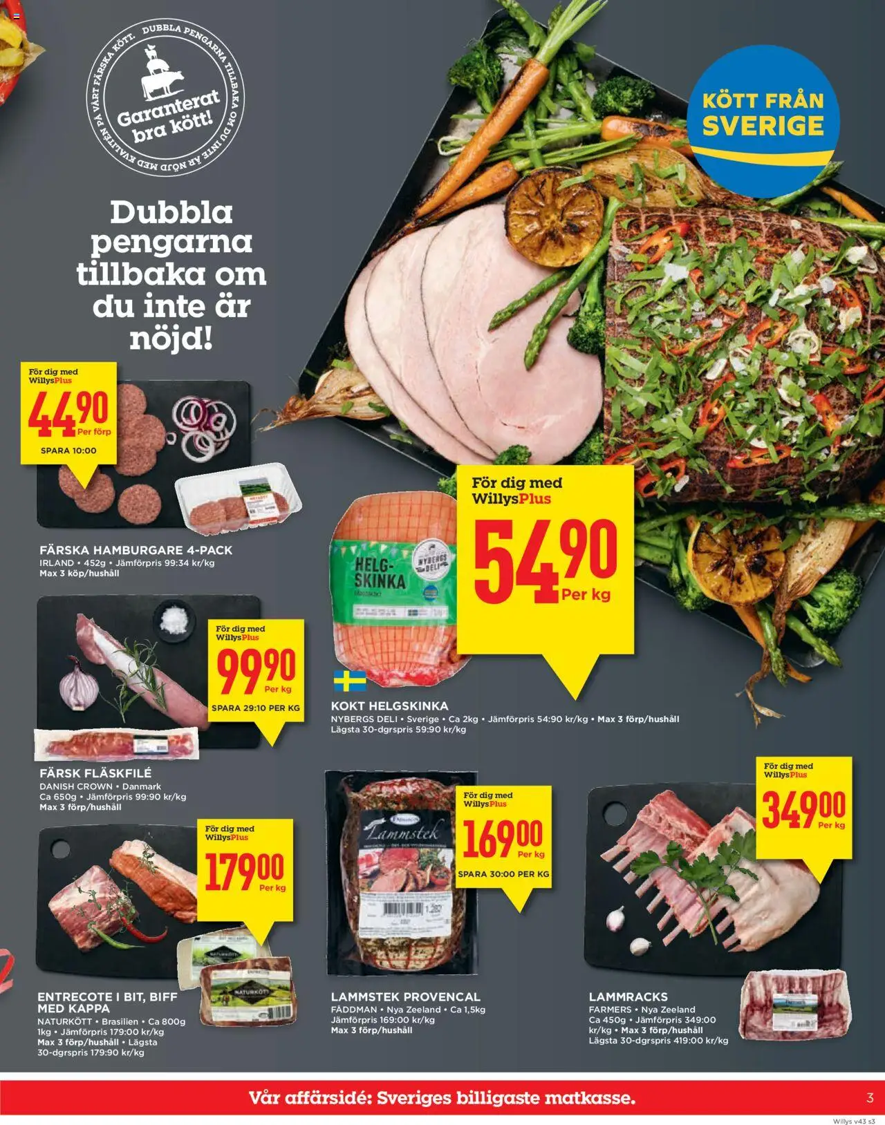 Willys reklamblad aktuell från 20.10.2025 | Sida: 3 | Produkter: Hamburgare, Entrecote, Kappa, Skinka