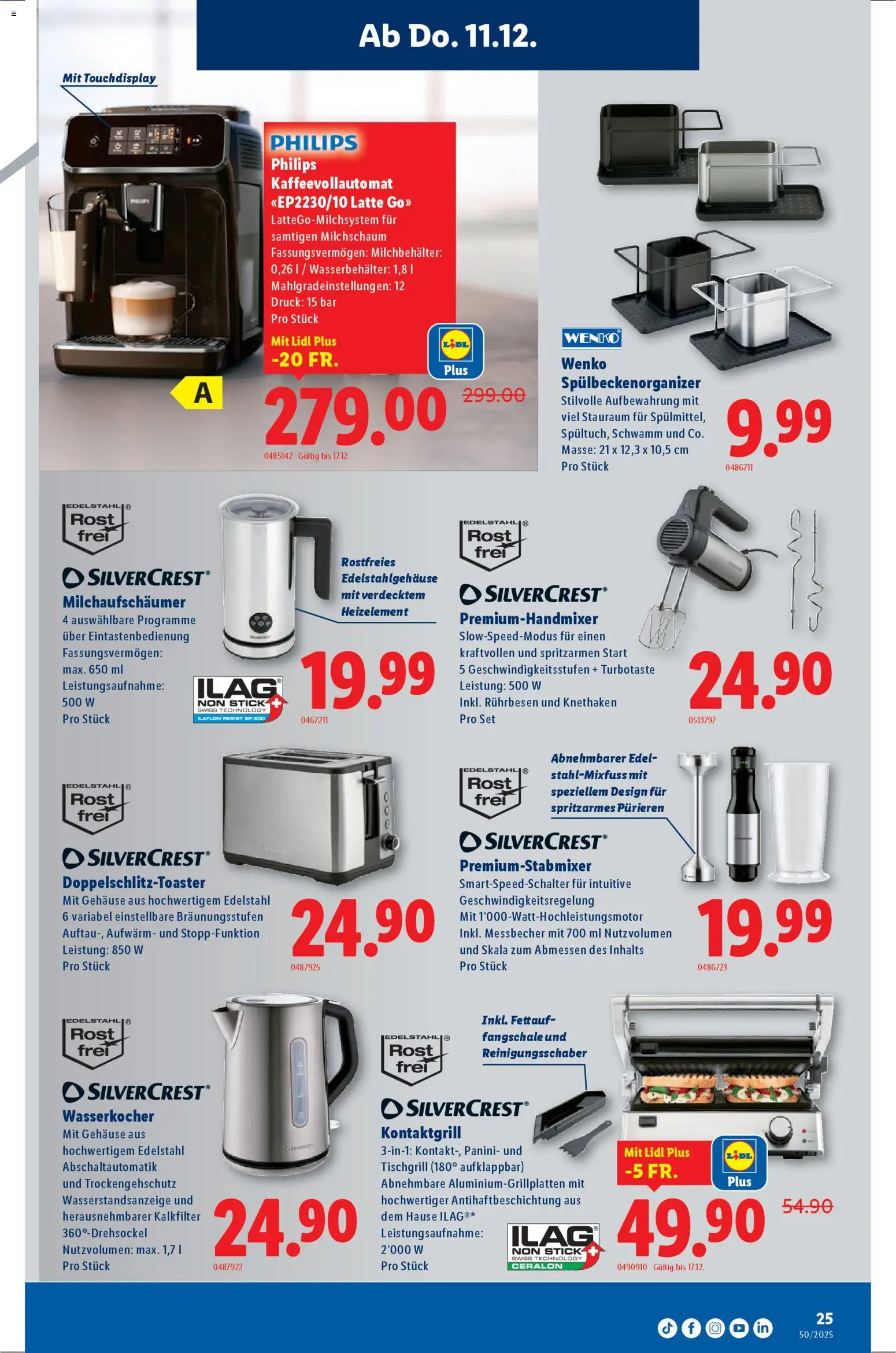 Lidl Aktionen – gültig ab 11.12.2025 | Seite: 25 | Produkte: Kaffeevollautomat, Wasserkocher, Rührbesen, Philips