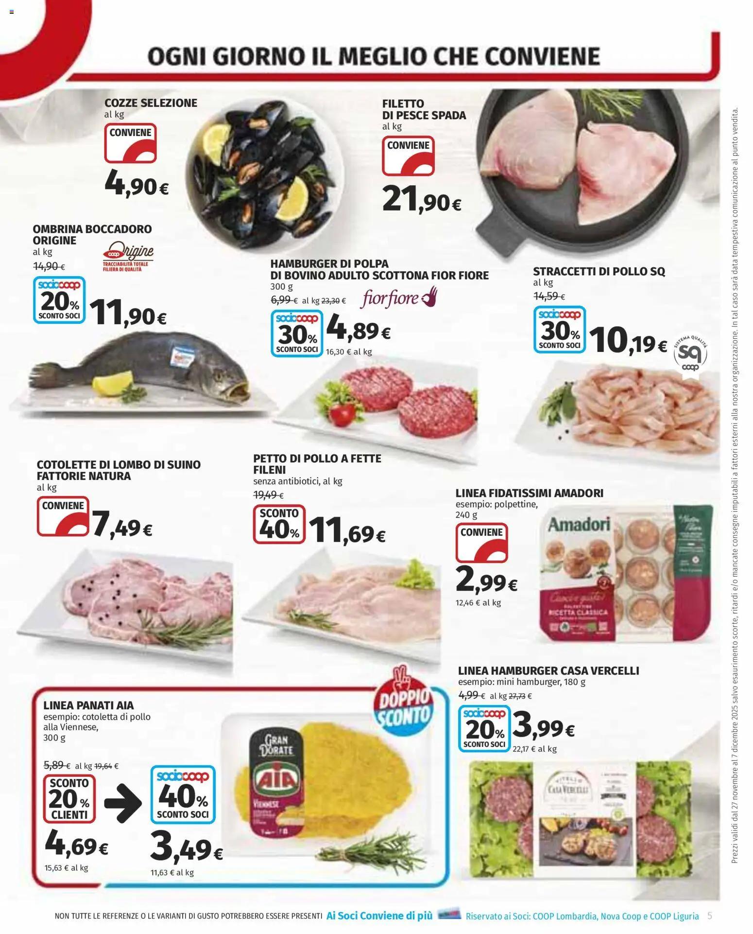 Volantino COOP del 27.11.2025 | Pagina: 5 | Prodotti: Pollo, Suino, Pesce spada, Hamburger