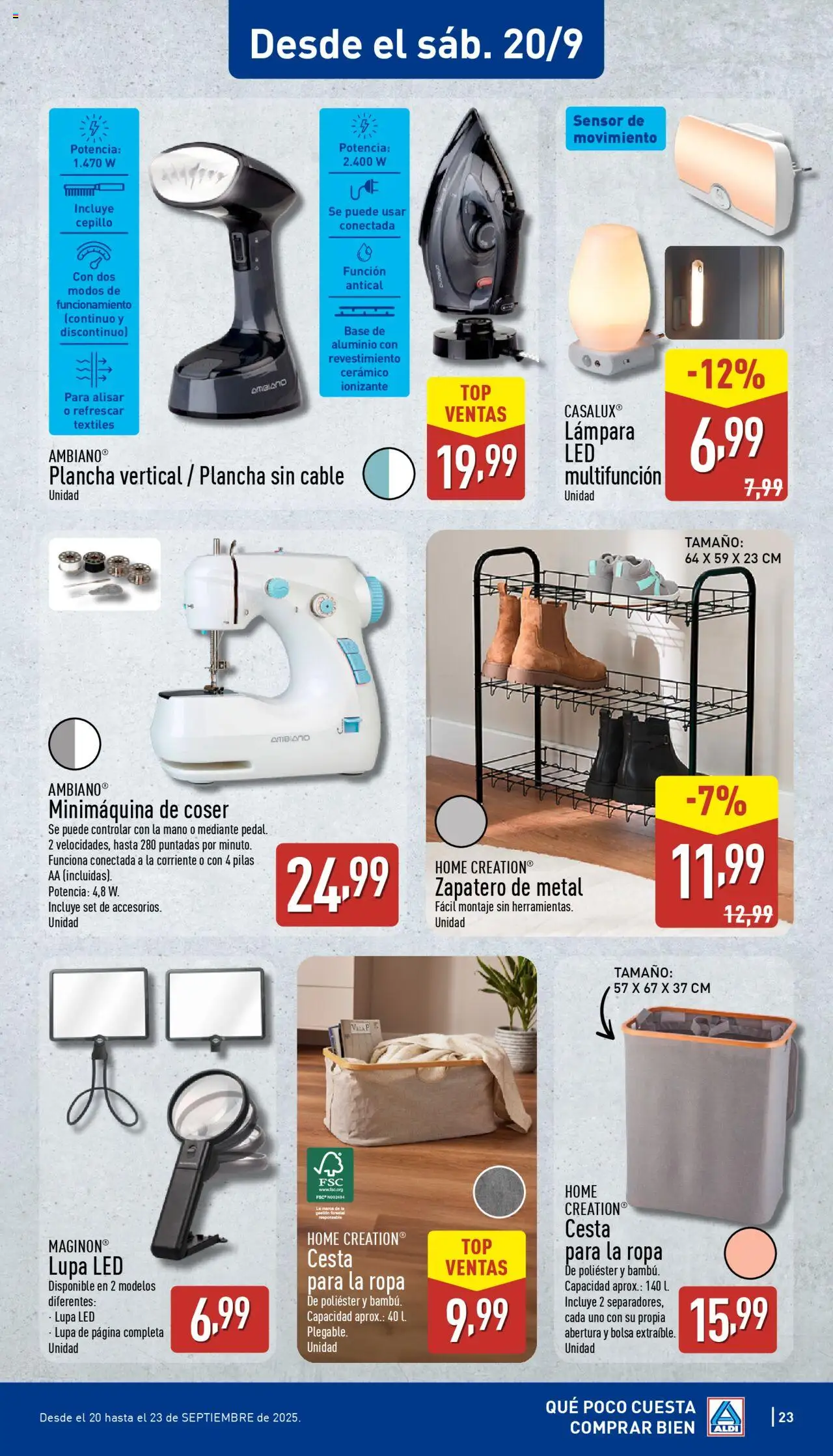Aldi folleto Península │ válido desde el 15.09.2025 | Página: 23 | Productos: Plancha vertical, Cable, Cesta, Lámpara