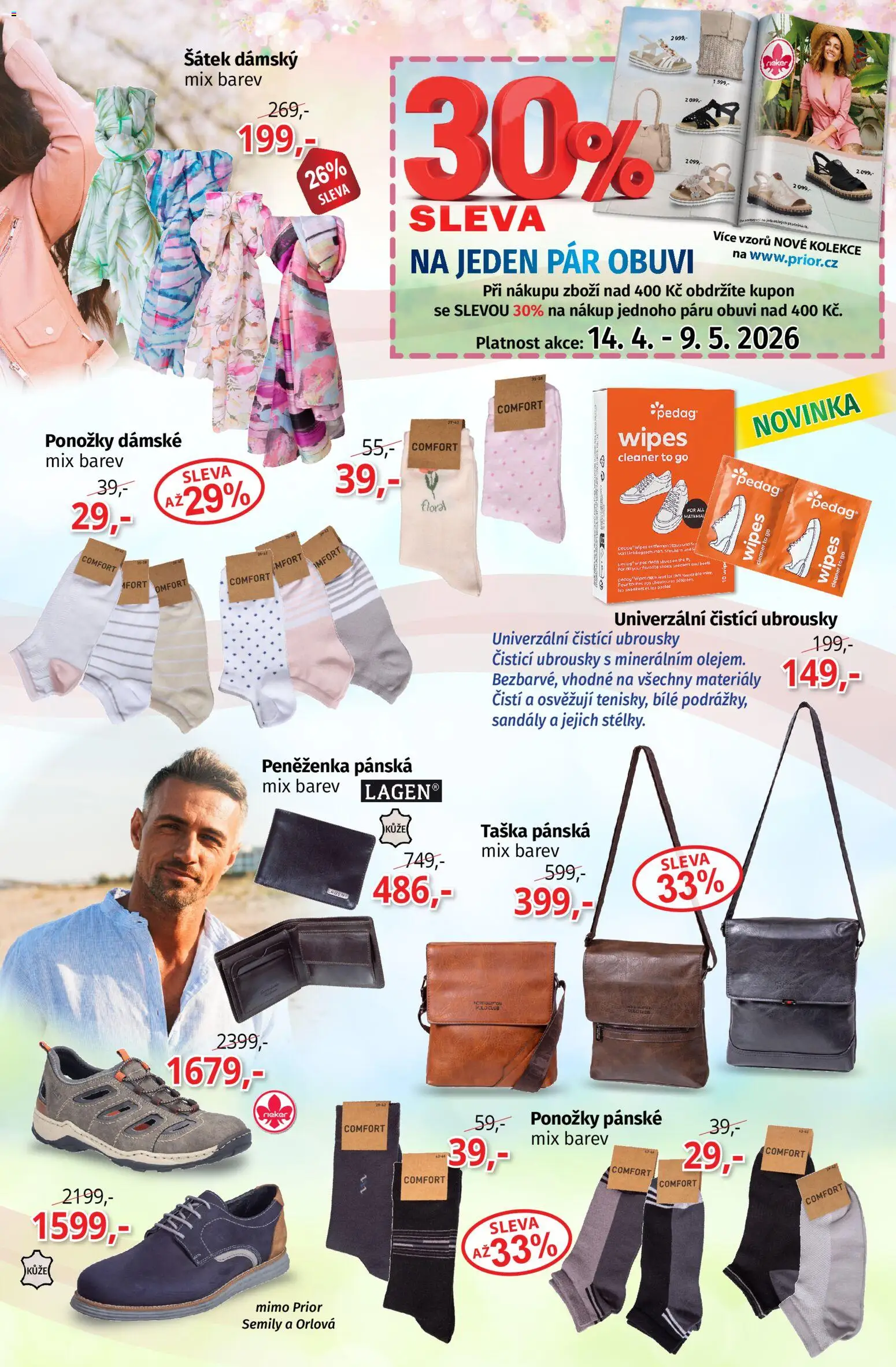Prior - Akční Nabídka Obuvi A Doplňků od 14.04.2026 | Strana: 3 | Produkty: Sandály, Ubrousky, Taška, Flora
