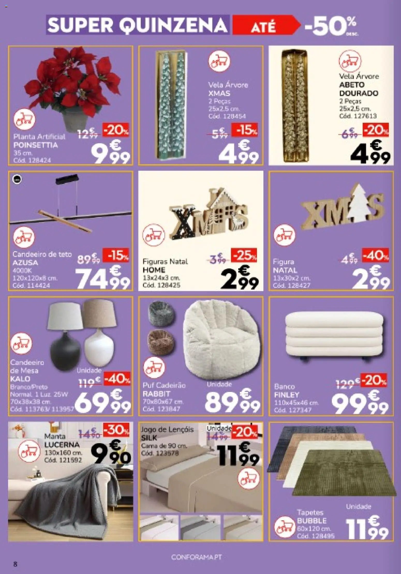 Conforama folheto │ válido de 18.12.2025 | Página: 8 | Produtos: Candeeiro, Banco, Cama, Mesa