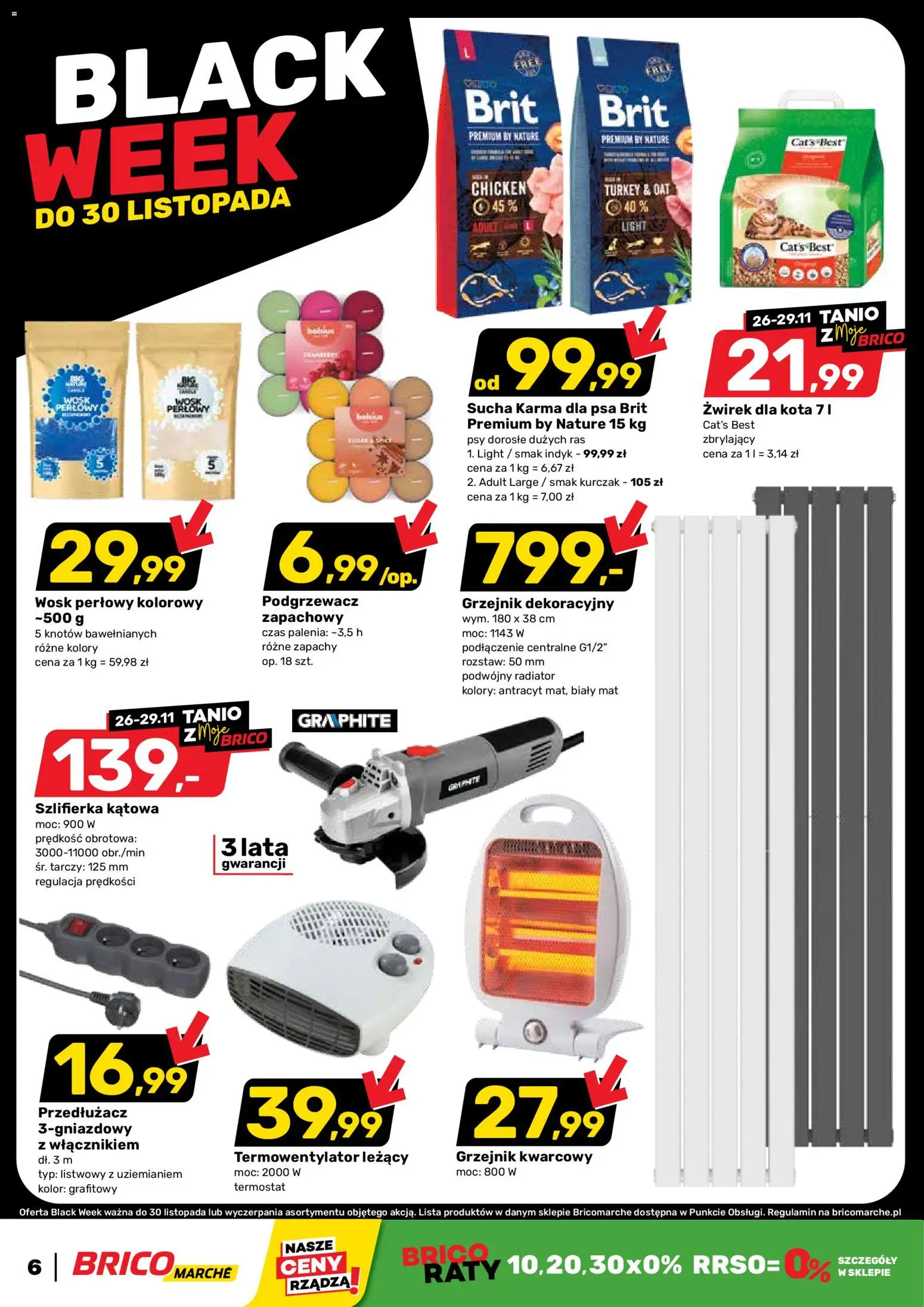 Brico Marché Black Friday od 26.11.2025 | Strona: 6 | Produkty: Żwirek dla kota, Przedłużacz, Karma dla psa, Szlifierka