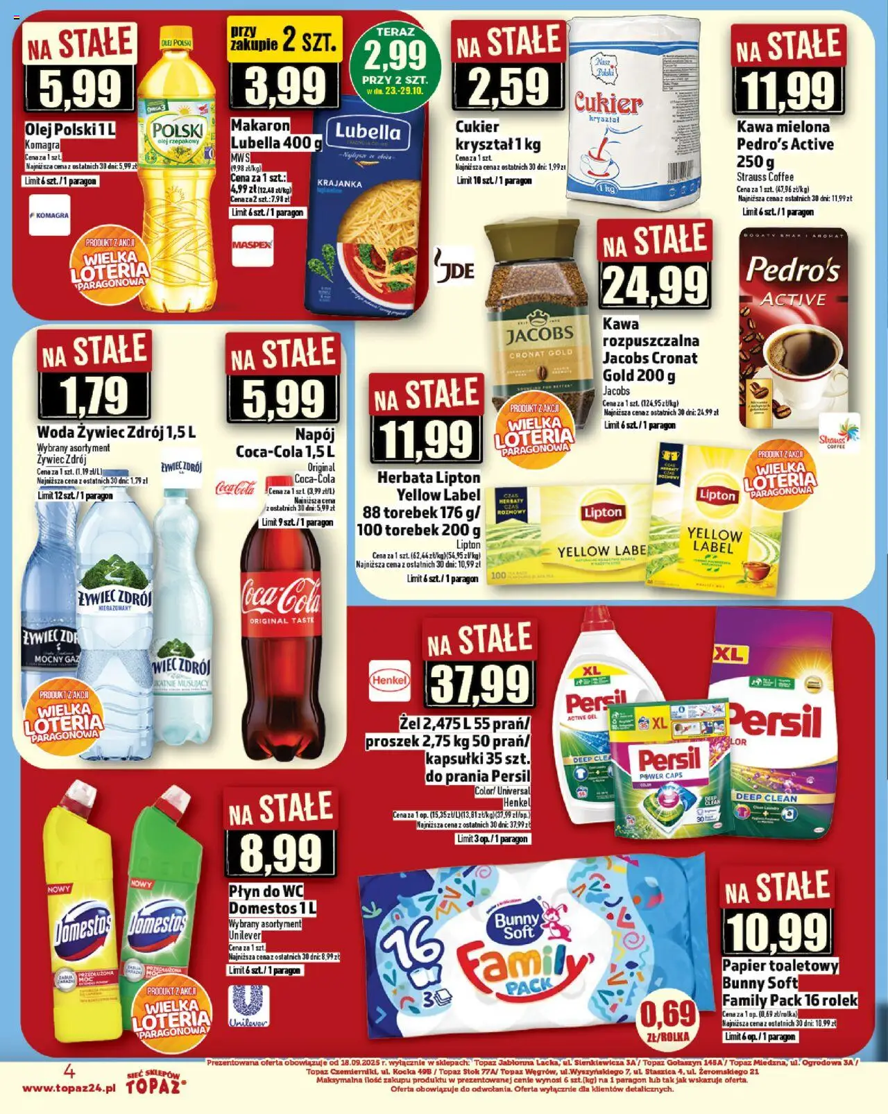Topaz Gazetka - Ceny małe na stałe od 23.10.2025 | Strona: 4 | Produkty: Papier toaletowy, Herbata lipton, Kawa, Cukier