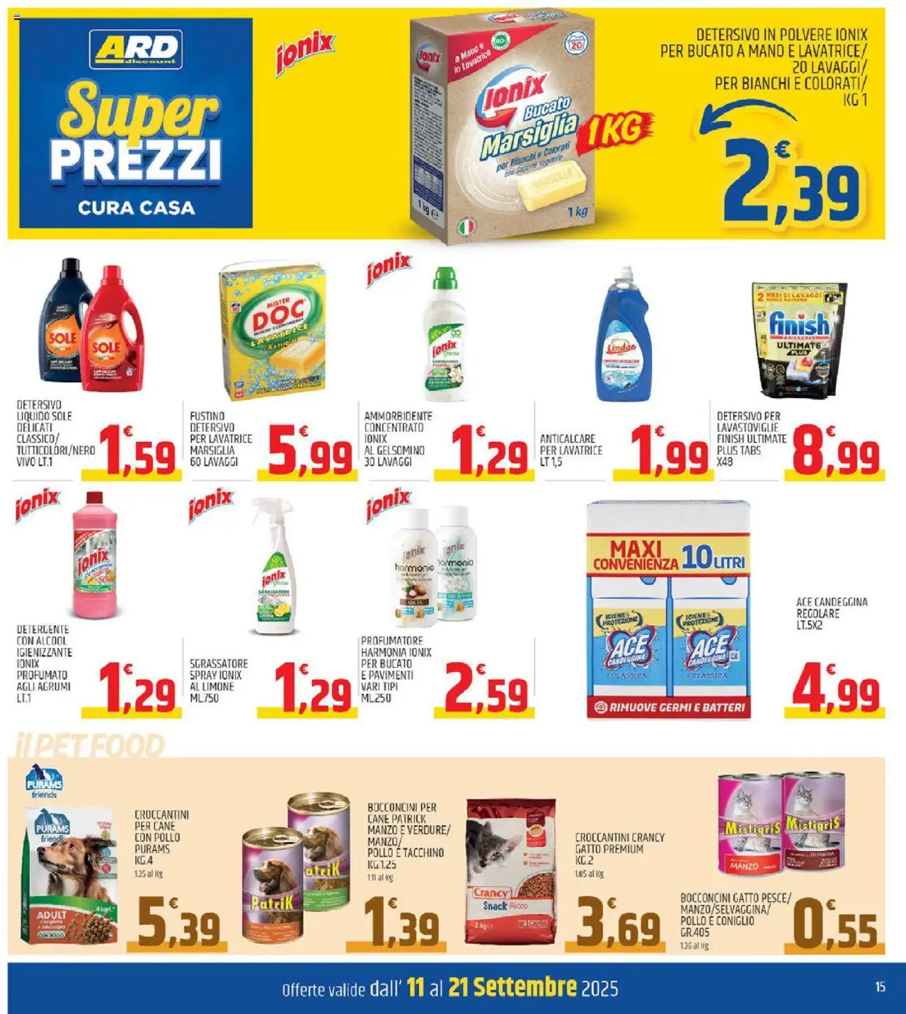 Volantino ARD Discount del 11.09.2025 | Pagina: 15 | Prodotti: Pollo, Ammorbidente, Gin, Candeggina