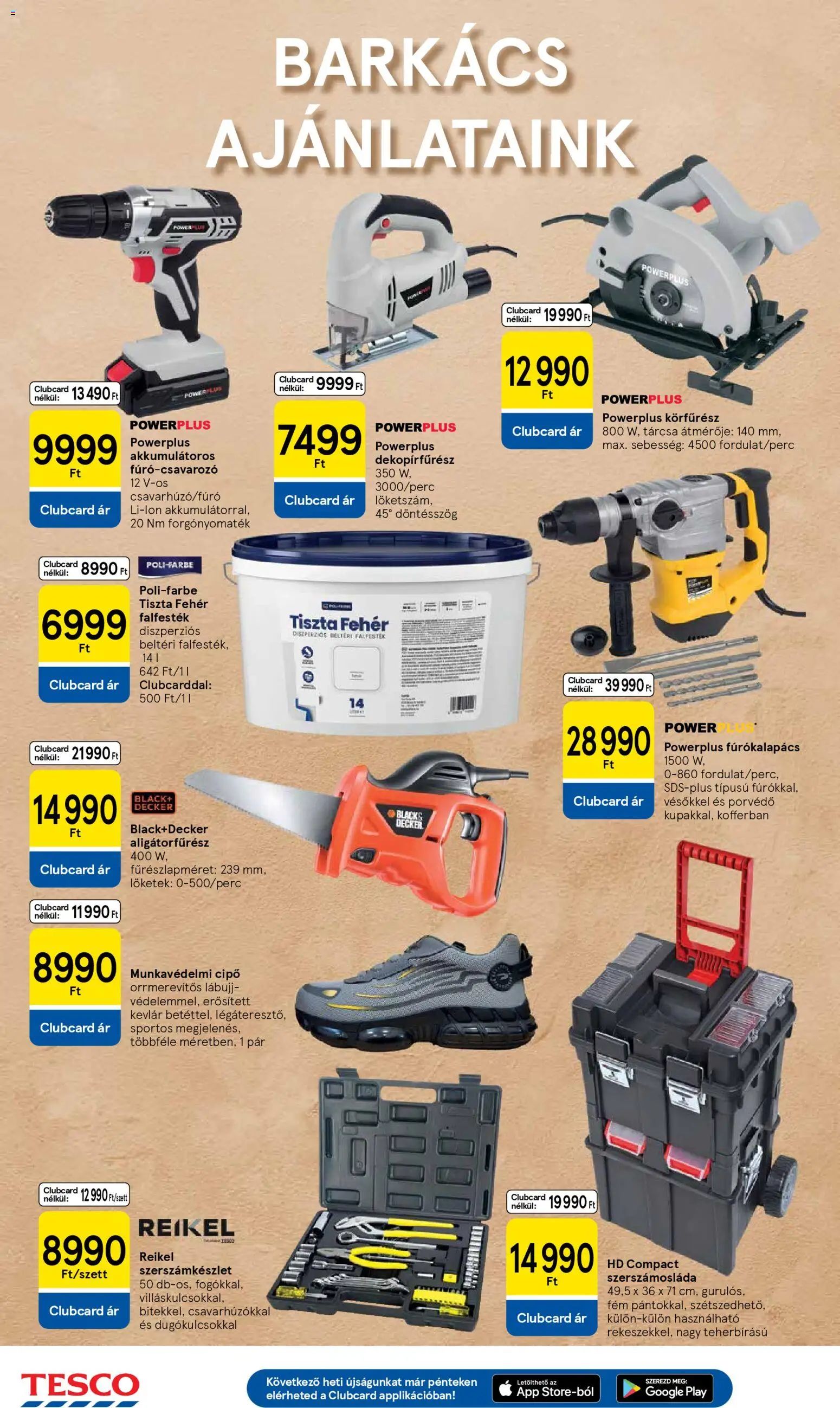 Tesco akciós ujság - amely érvényes a következő dátumtól: 19.02.2026 | Oldal: 24 | Termékek: Munkavédelmi cipő, Fúrókalapács, Körfűrész, Szerszámosláda