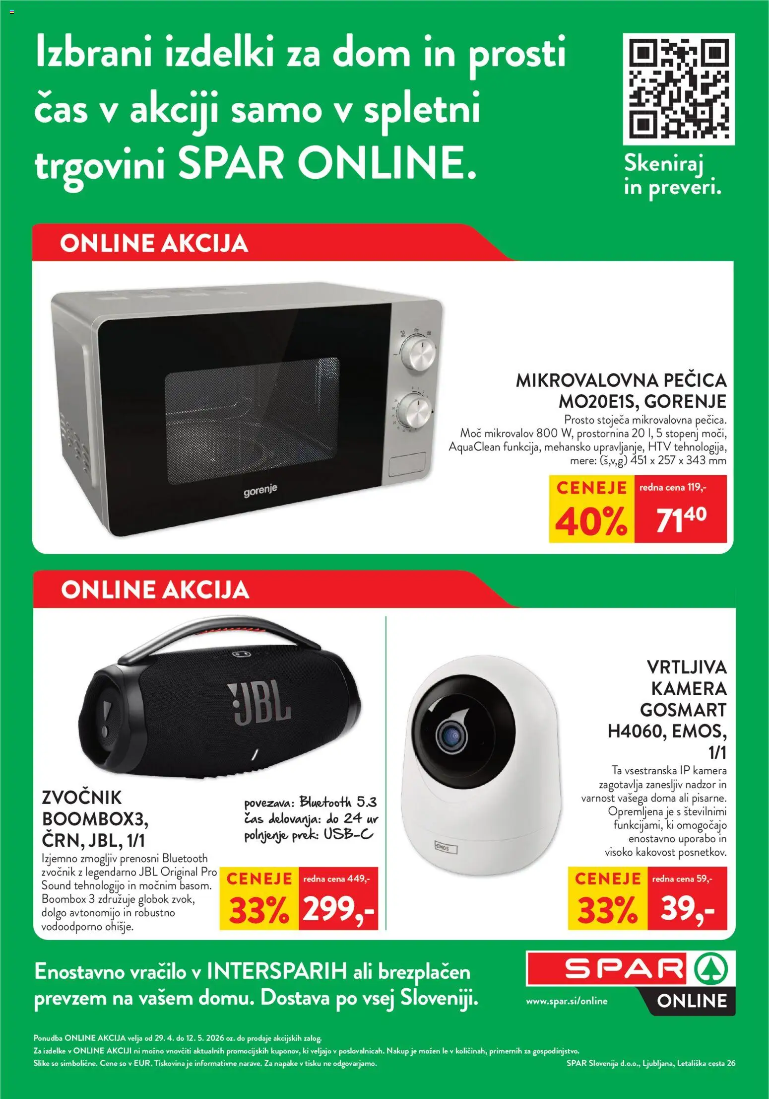 Novi Spar katalog ponudbe – veljaven od 29.04.2026 | Stran: 1 | Izdelki: Kamera, Zvocnik, Pecica, Mikrovalovna pecica