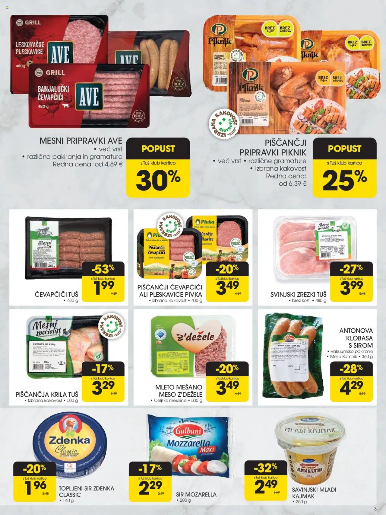 Tuš katalog │ velja od 13.08.2025 | Stran: 3 | Izdelki: Kajmak, Pleskavice, Sir, Zrezki
