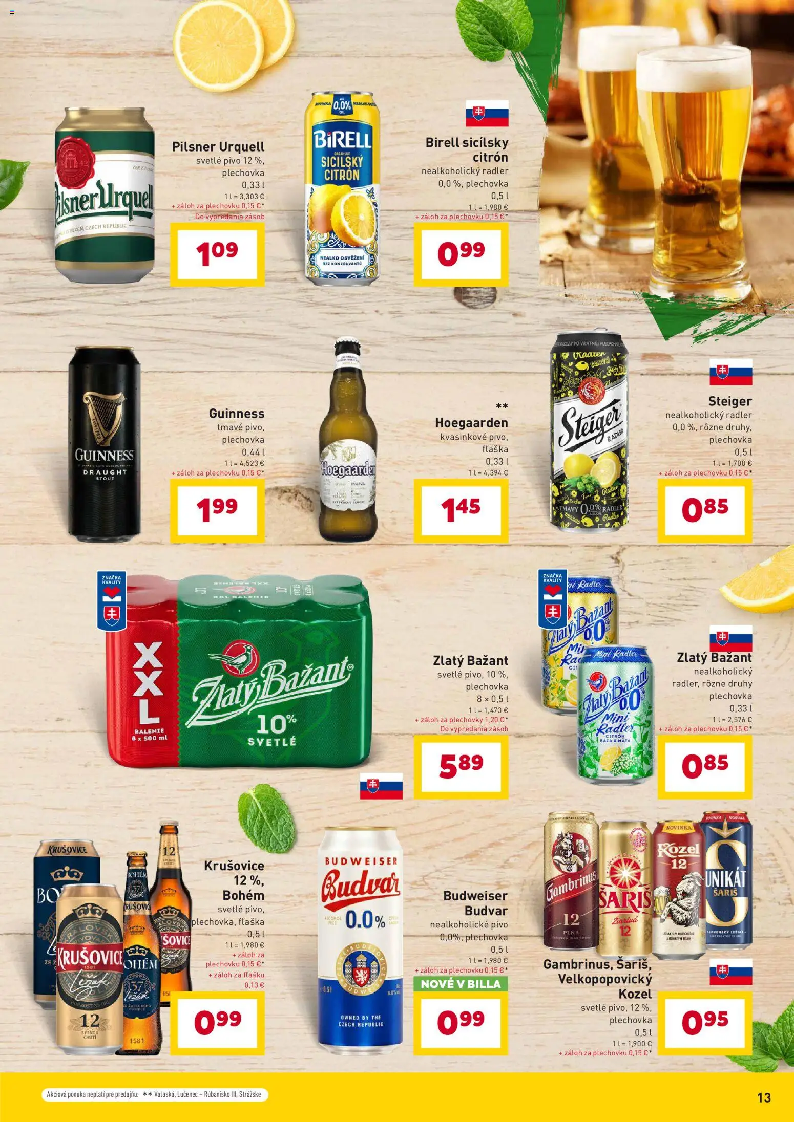 Nové Billa akcie – leták je platný od 07.04.2026 | Strana: 13 | Produkty: Birell, Radler, Krušovice, Budvar