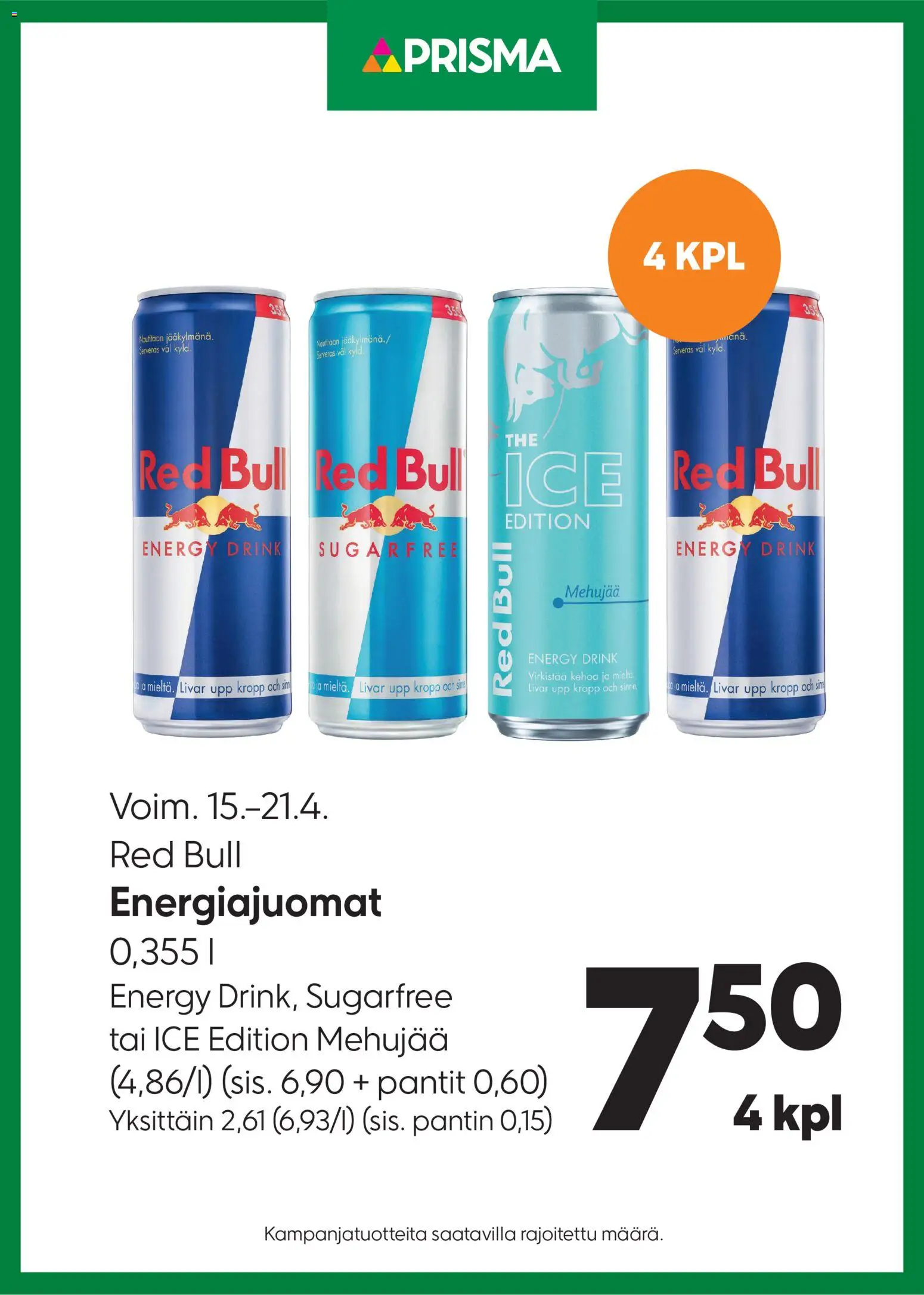 Prisma tarjoukset Red Bull – voimassa 15.04.2026 alkaen | Sivu: 1 | Tuotteet: Mehujää