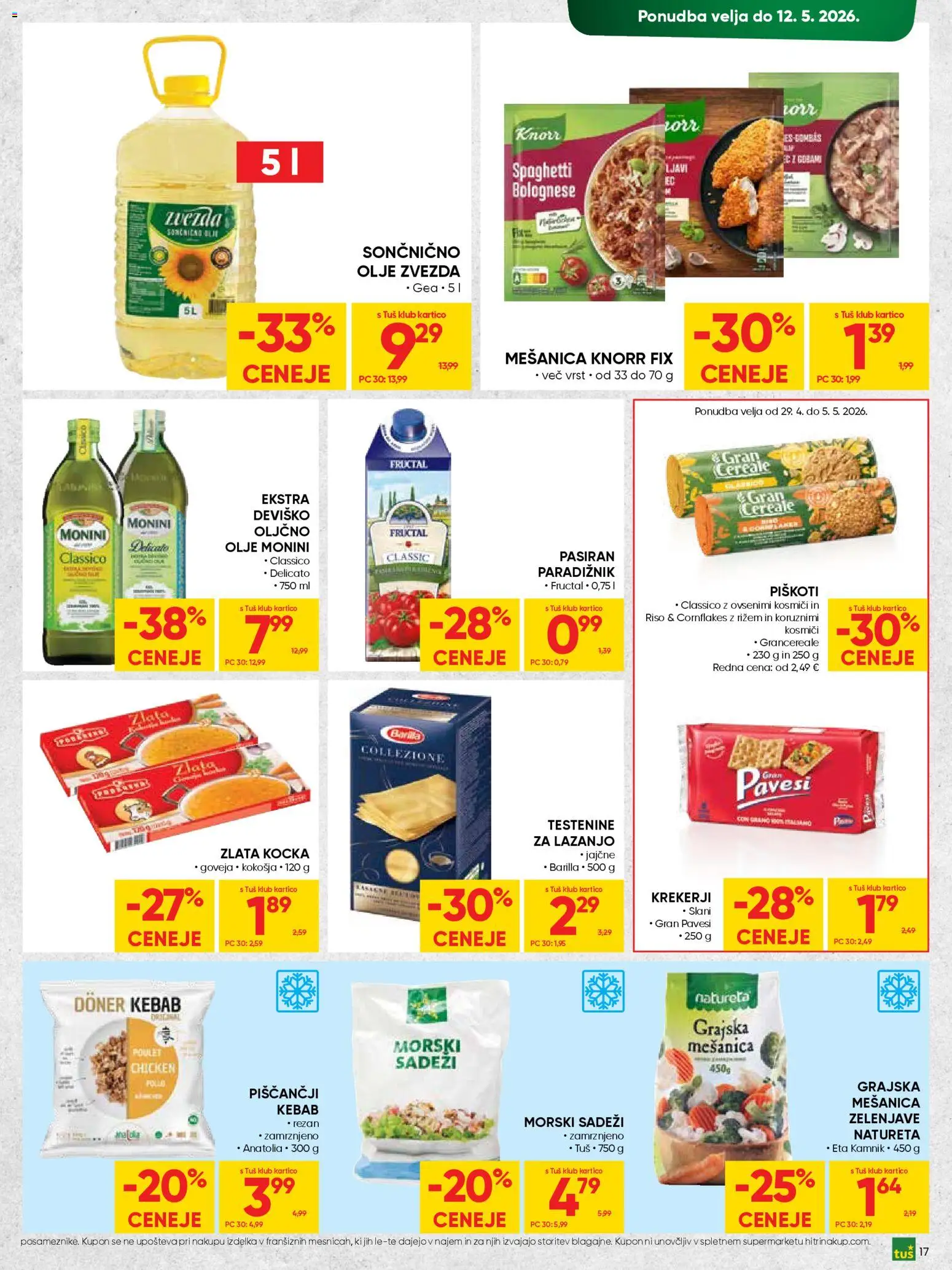 Novi Tuš katalog ponudbe – veljaven od 29.04.2026 | Stran: 17 | Izdelki: Kosmici, Testenine, Piskoti, Morski sadezi