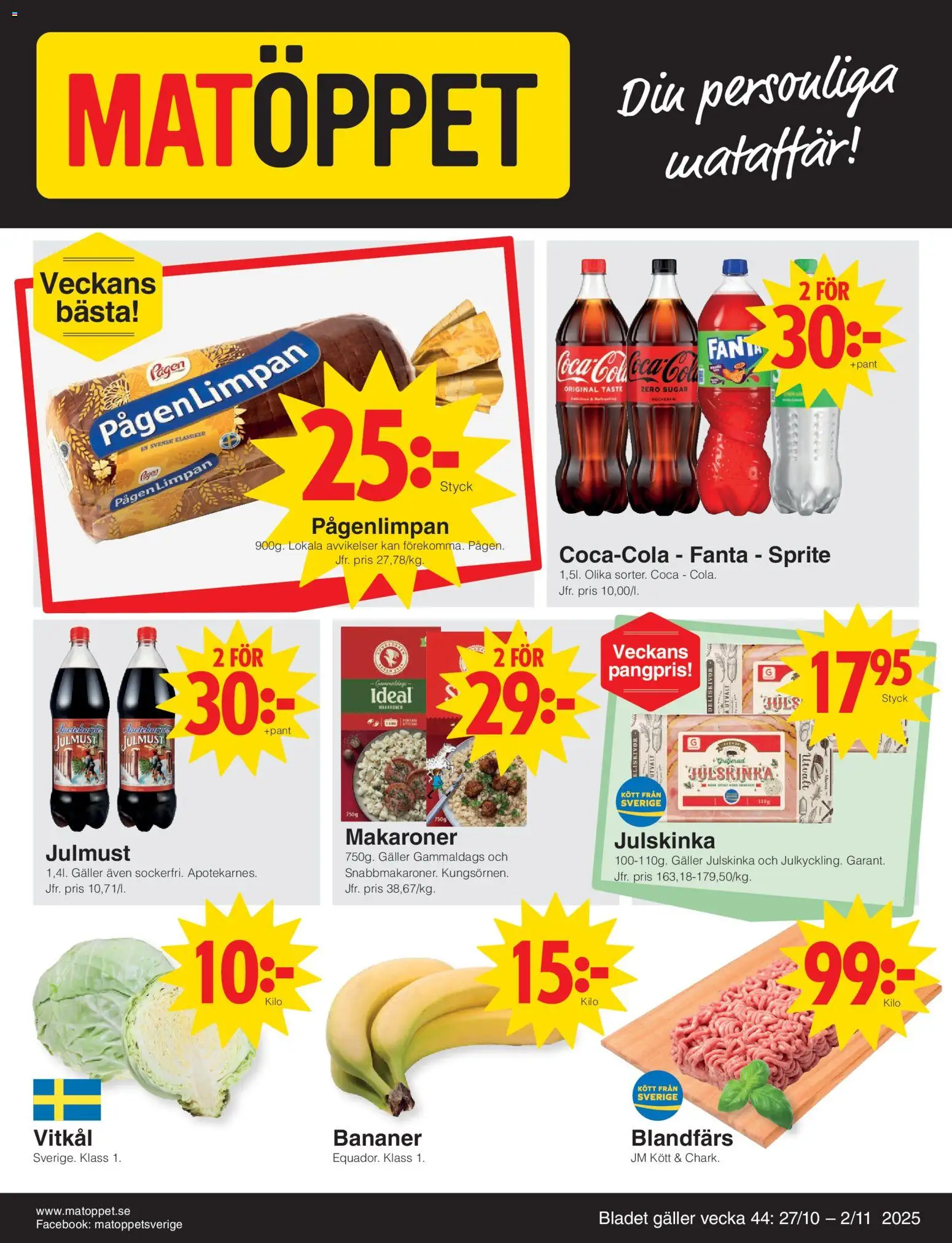 Matöppet reklamblad aktuell från 27.10.2025 | Sida: 1 | Produkter: Makaroner, Blandfärs, Sprite, Bananer