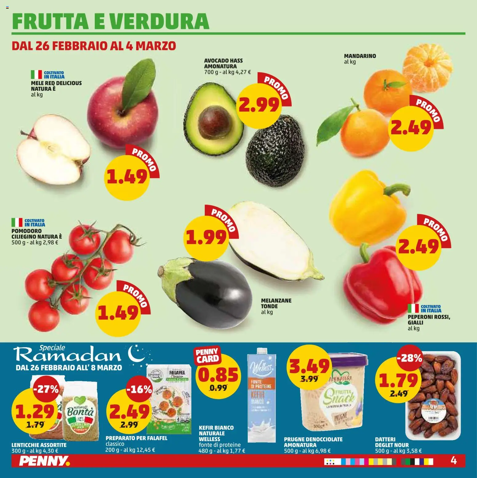 Volantino PENNY del 26.02.2026 | Pagina: 4 | Prodotti: Mele, Frutta, Falafel, Melanzane