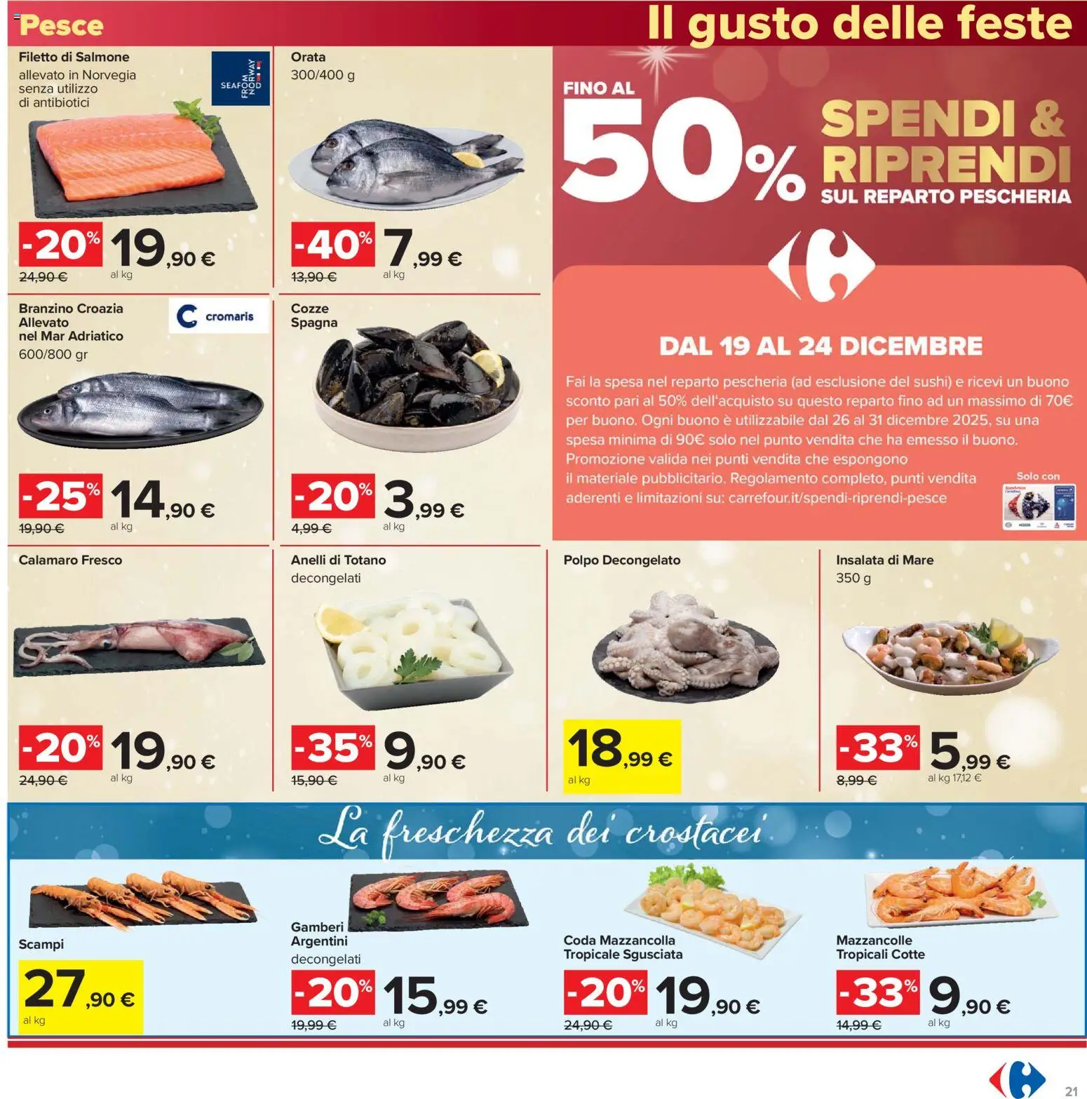 Volantino Carrefour del 16.12.2025 | Pagina: 21 | Prodotti: Salmone, Pesce, Polpo, Sushi