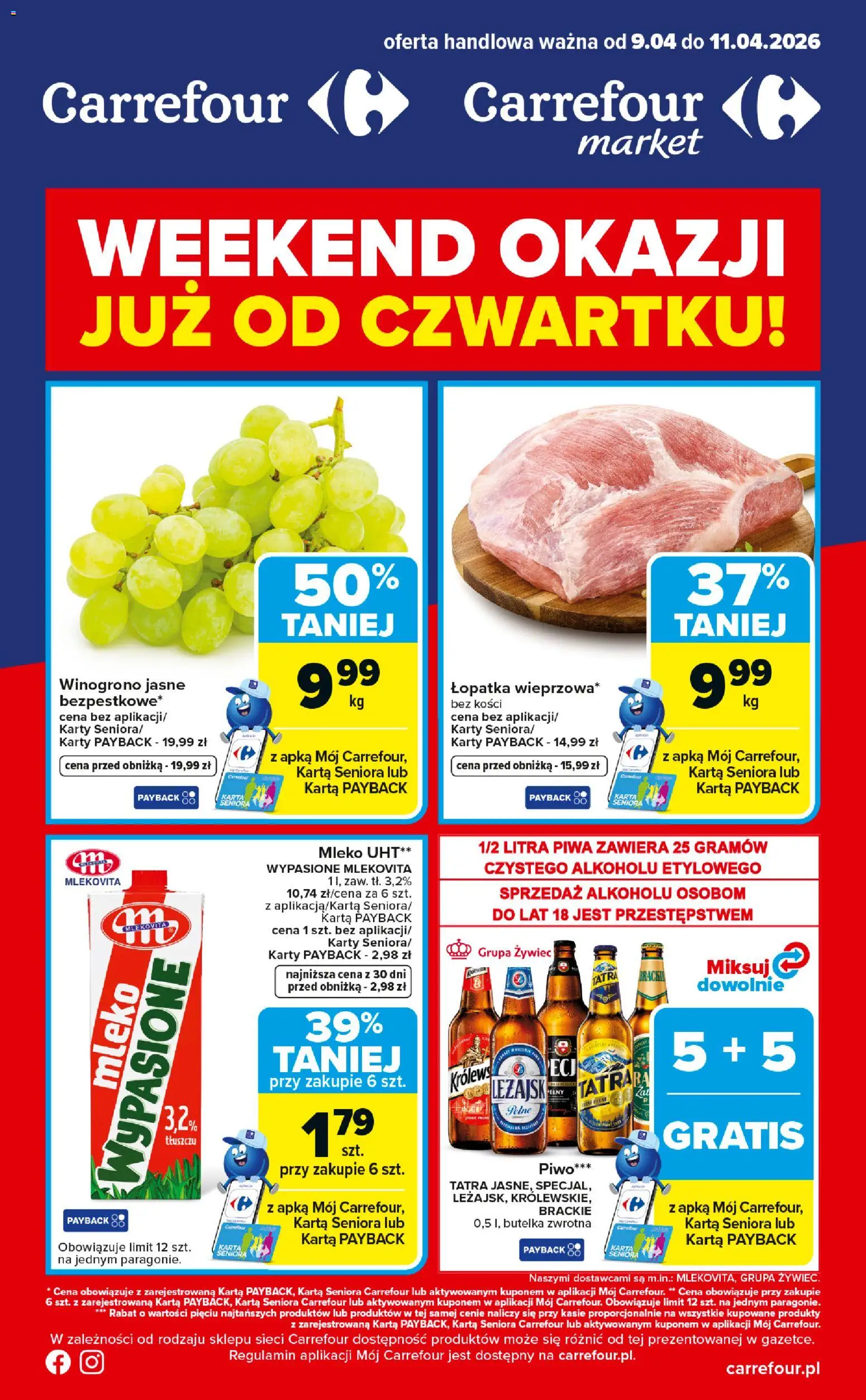 Carrefour gazetka - Weekend okazji od 09.04.2026 | Strona: 1 | Produkty: Karta, Winogrono, Mleko, Piwo