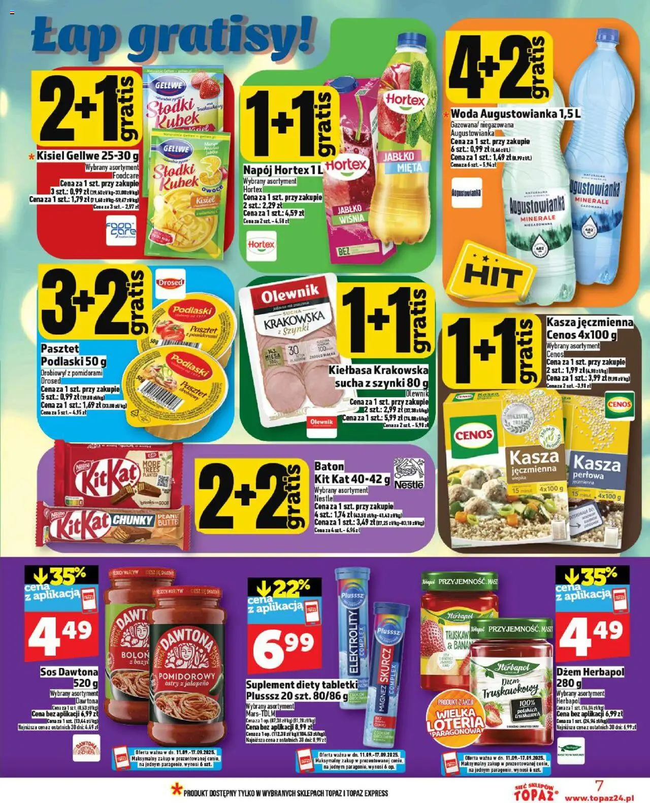 Topaz Gazetka - Ceny małe na stałe od 11.09.2025 | Strona: 7 | Produkty: Kasza jęczmienna, Mięta, Baton, Owoce