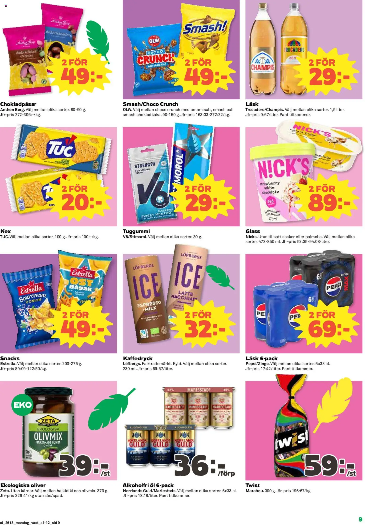 Coop reklamblad aktuell från 23.03.2026 | Sida: 9 | Produkter: Oliver, Pepsi, Tuggummi, Glass