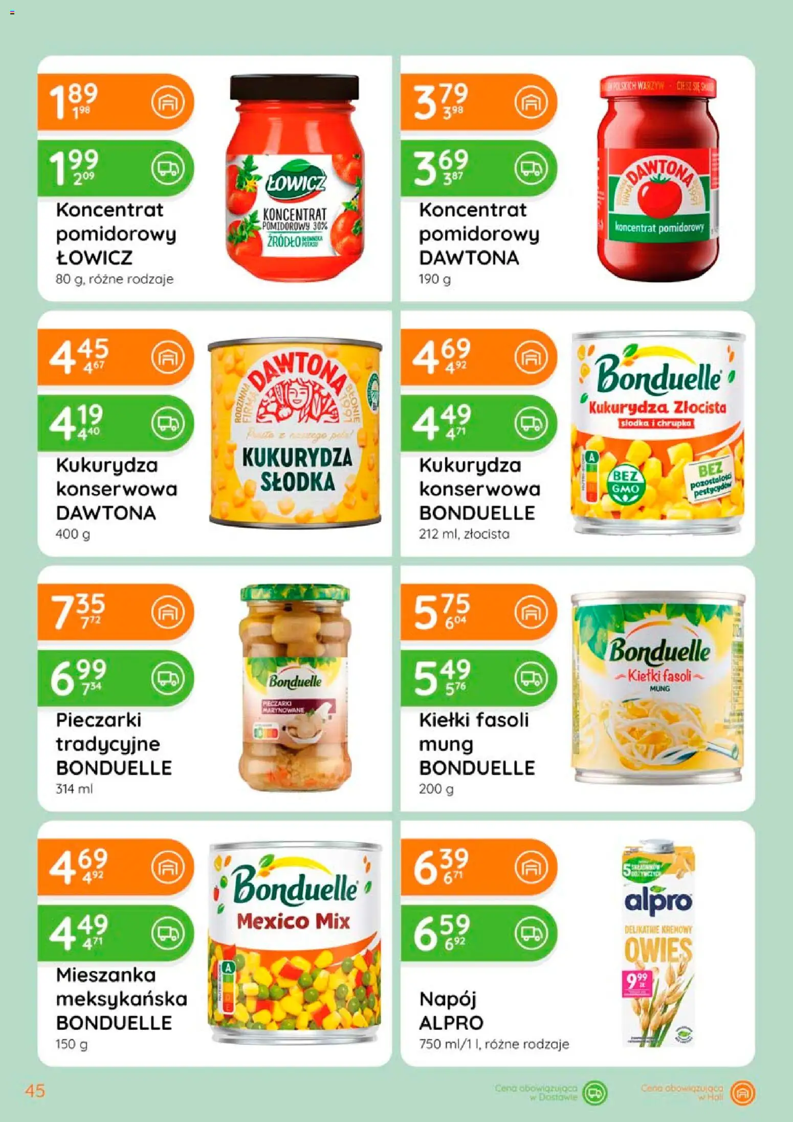 Eurocash gazetka od 02.04.2026 | Strona: 45 | Produkty: Alpro, Koncentrat pomidorowy, Kukurydza, Bonduelle kiełki fasoli mung
