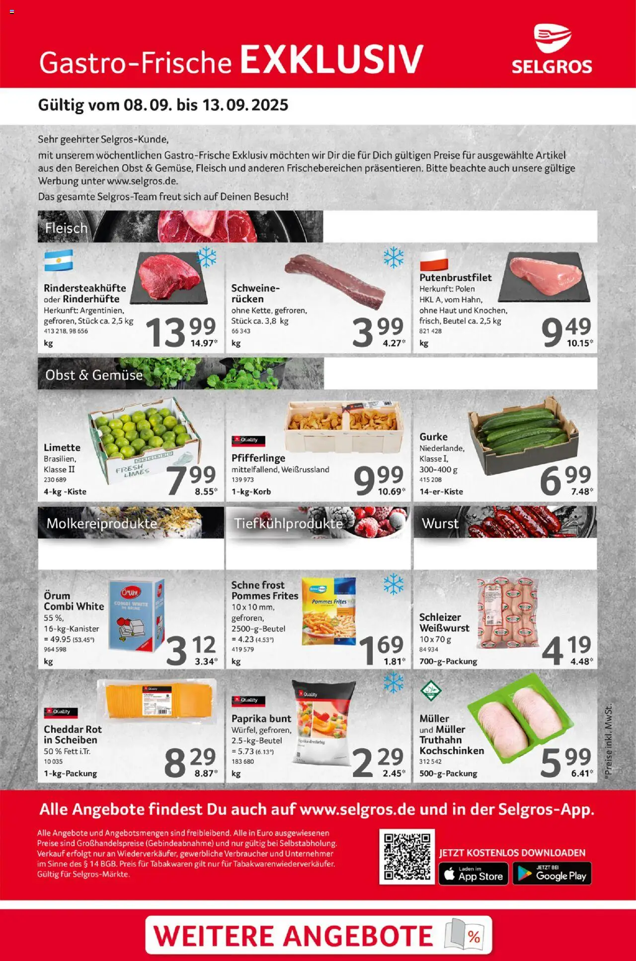 Selgros Gastro Angebote – gültig ab 08.09.2025 | Seite: 1 | Produkte: Weißwurst, Pommes frites, Paprika, Fleisch