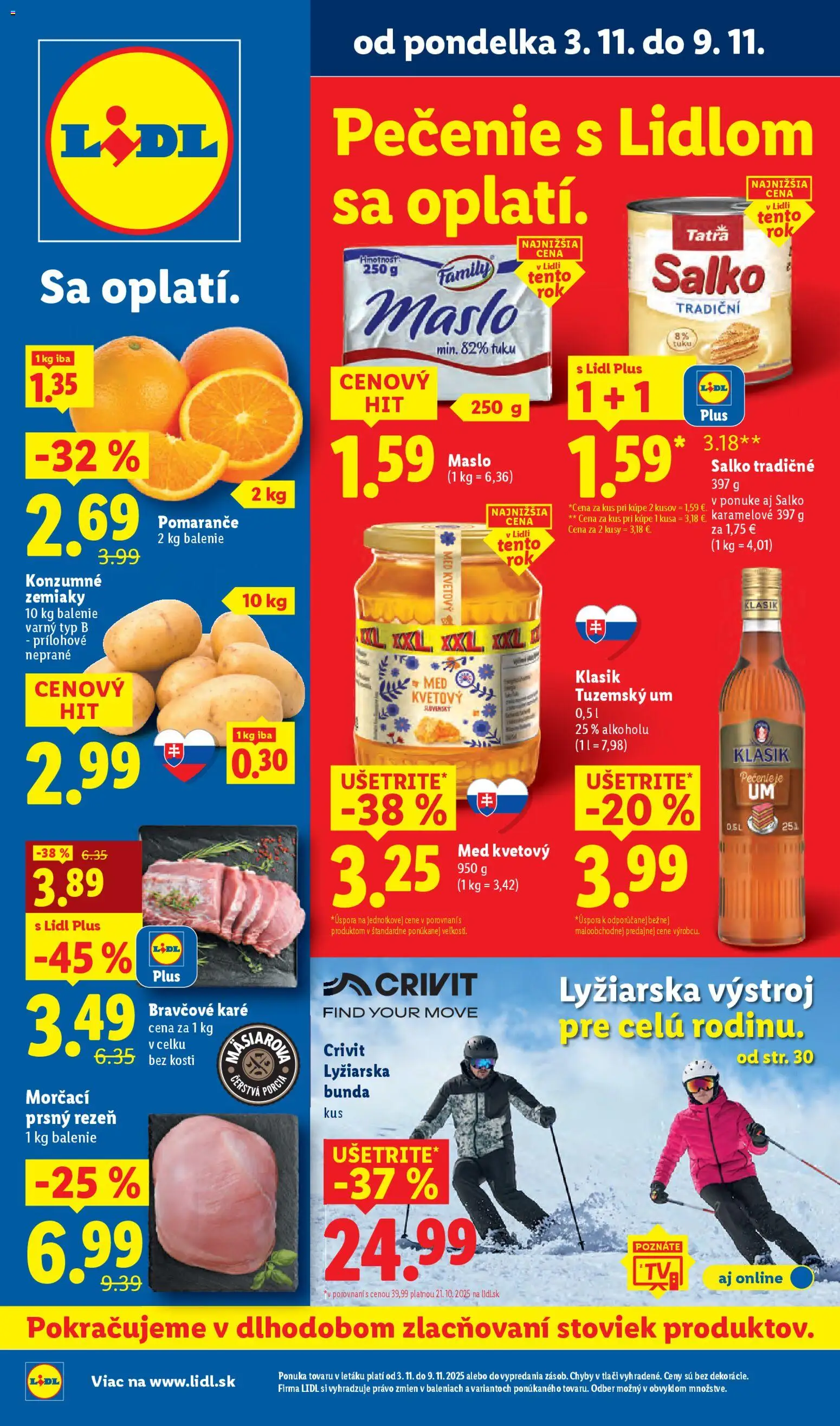 Nové Lidl akcie – leták je platný od 03.11.2025 | Strana: 1 | Produkty: Tv, Pomaranče, Zemiaky, Med
