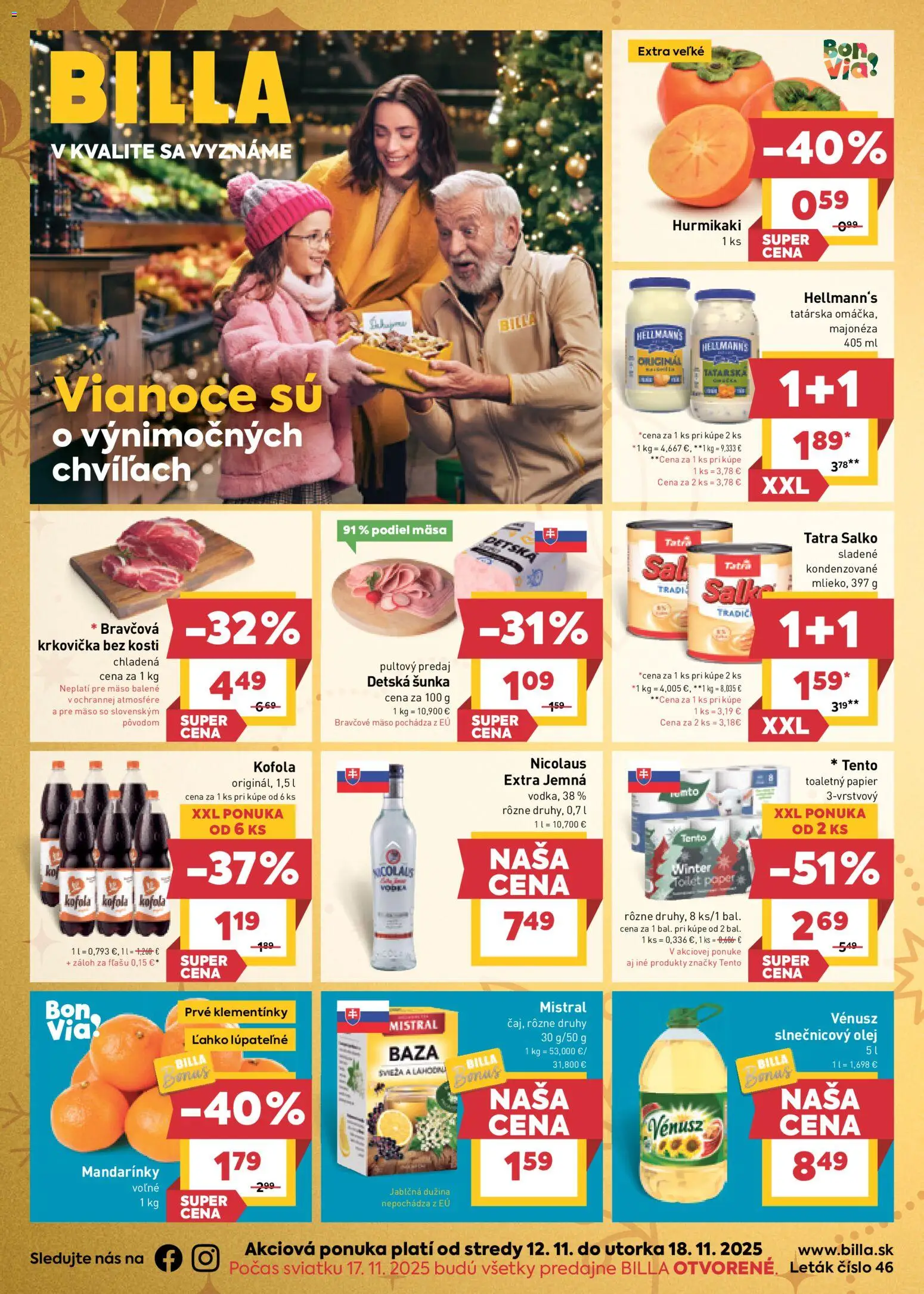 Nové Billa akcie – leták je platný od 12.11.2025 | Strana: 1 | Produkty: Olej, Kofola, Toaletný papier, Salko