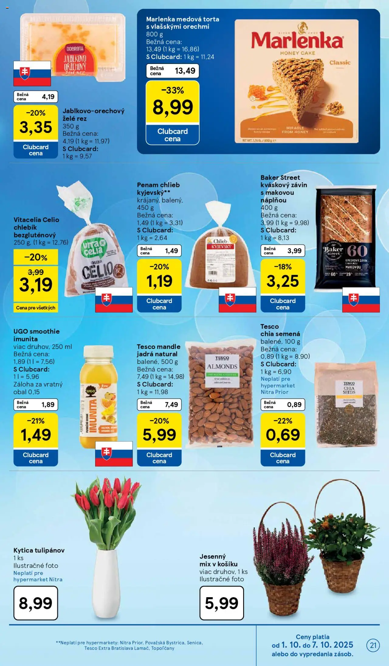 Nové Tesco akcie – leták je platný od 01.10.2025 | Strana: 21 | Produkty: Chlieb, Závin, Torta, Mandle