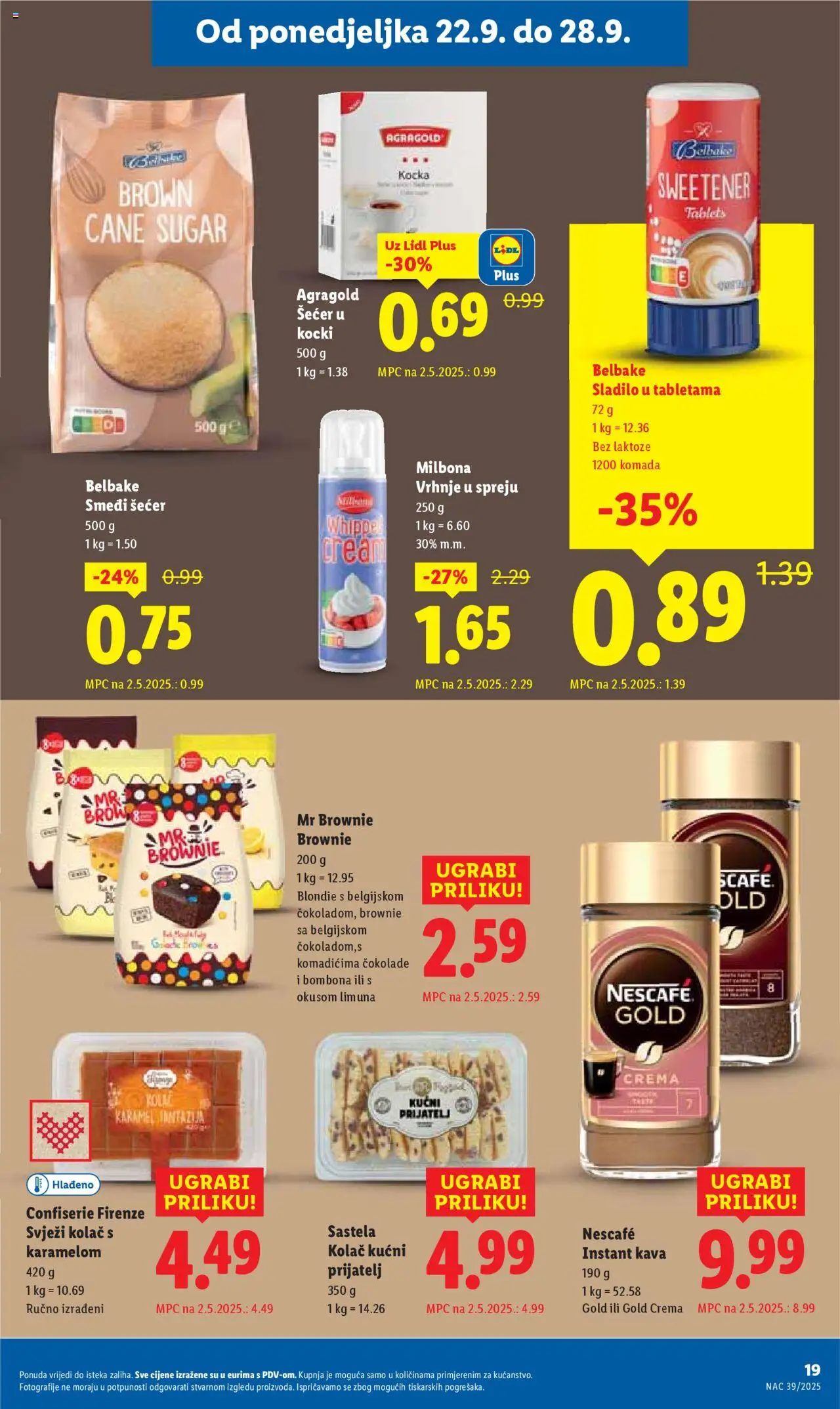 Lidl katalog | vrijedi od 22.09.2025 | Stranica: 19 | Proizvodi: Smeđi šećer, Nescafe, Kava, Šećer