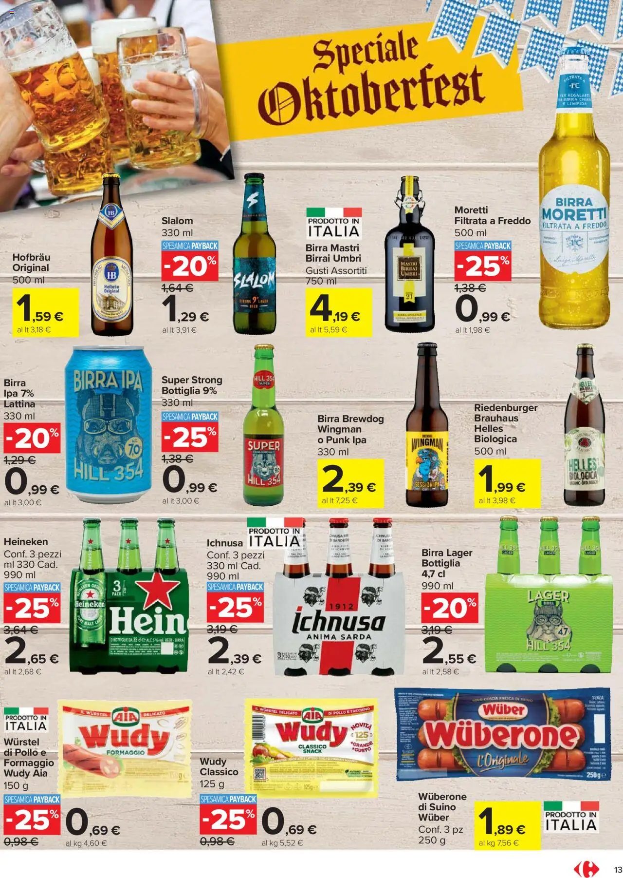 Volantino Carrefour del 15.09.2025 | Pagina: 13 | Prodotti: Birra, Suino, Wurstel, Birra Moretti
