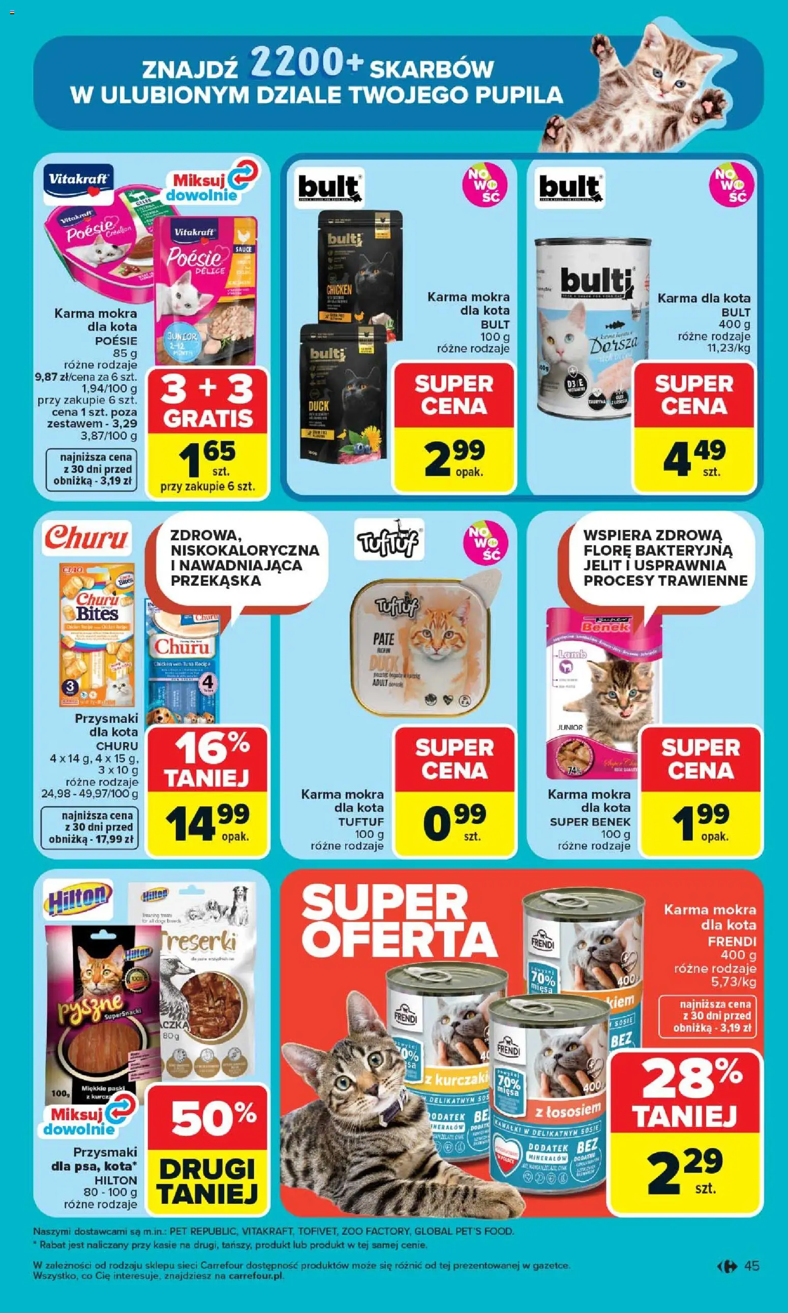 Carrefour gazetka od 07.04.2026 | Strona: 47 | Produkty: Przysmaki dla kota, Karma mokra dla kota, Kaczka, Sos