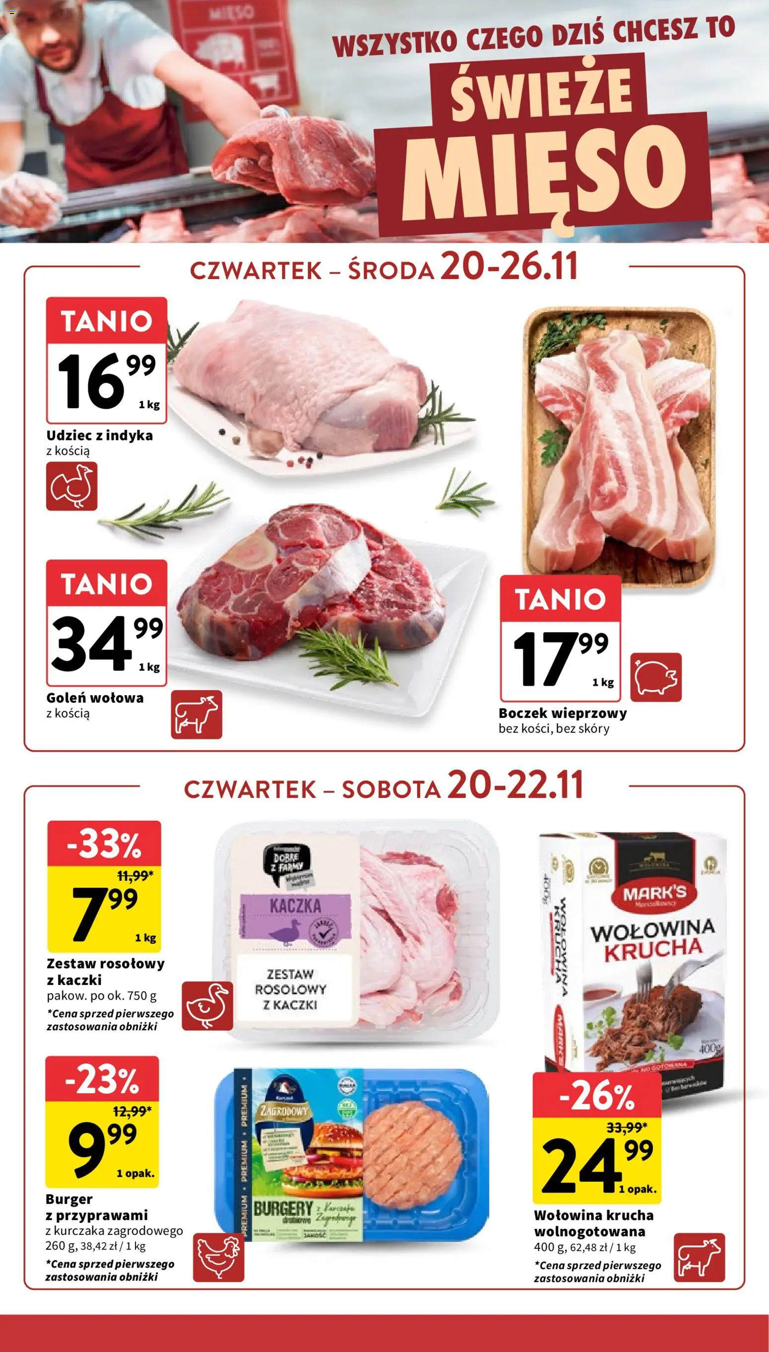 Intermarche Gazetka od 20.11.2025 | Strona: 20 | Produkty: Mięso, Boczek wieprzowy, Kaczka, Boczek