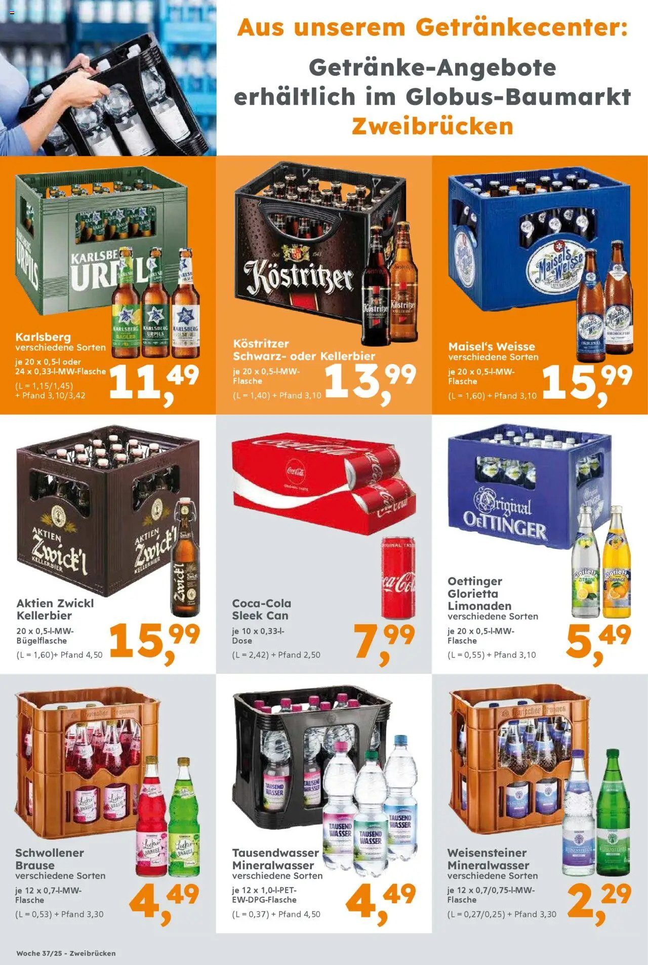 Globus Baumarkt Prospekt Rheinland-Pfalz – gültig ab 08.09.2025 | Seite: 8 | Produkte: Carlsberg, Kostritzer, Radler, Wasser