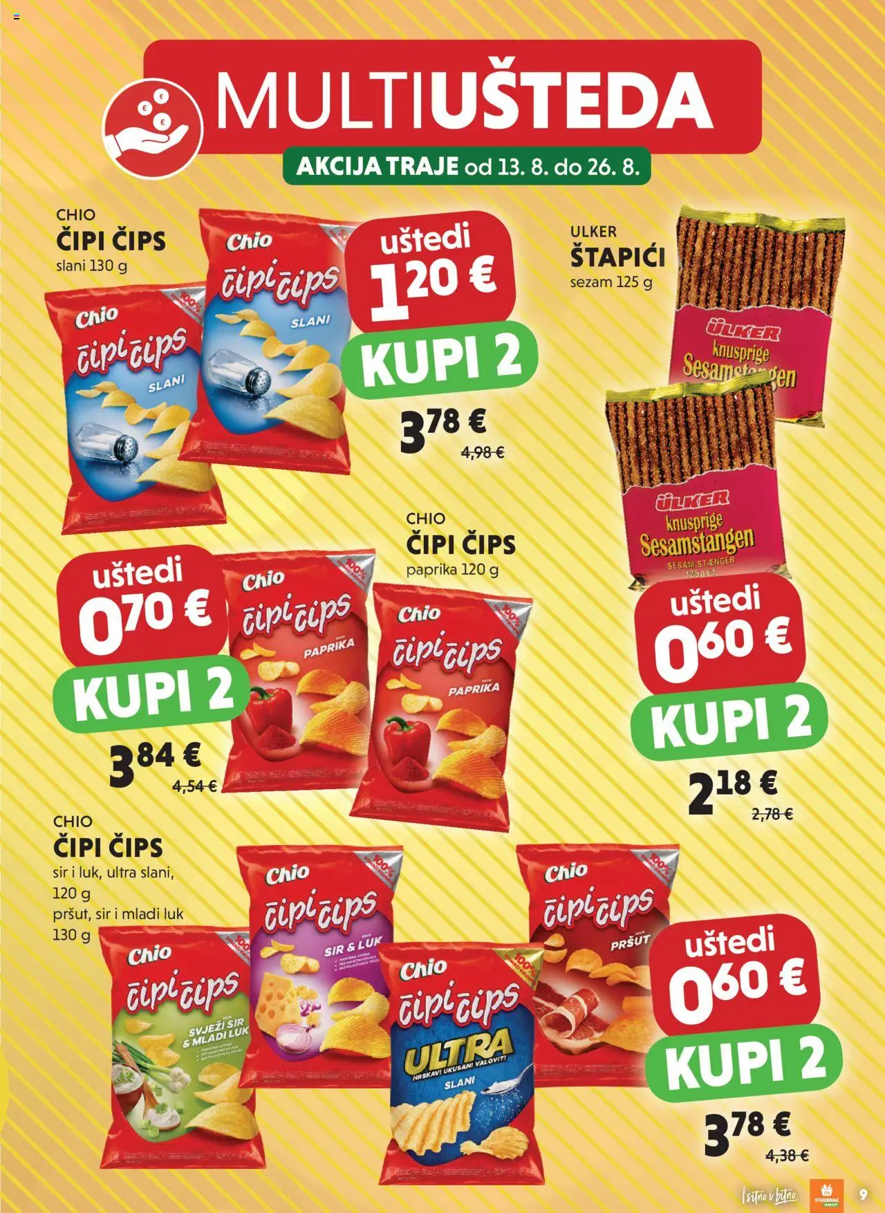 Studenac katalog | vrijedi od 13.08.2025 | Stranica: 9 | Proizvodi: Čips, Svježi sir, Luk, Štapići