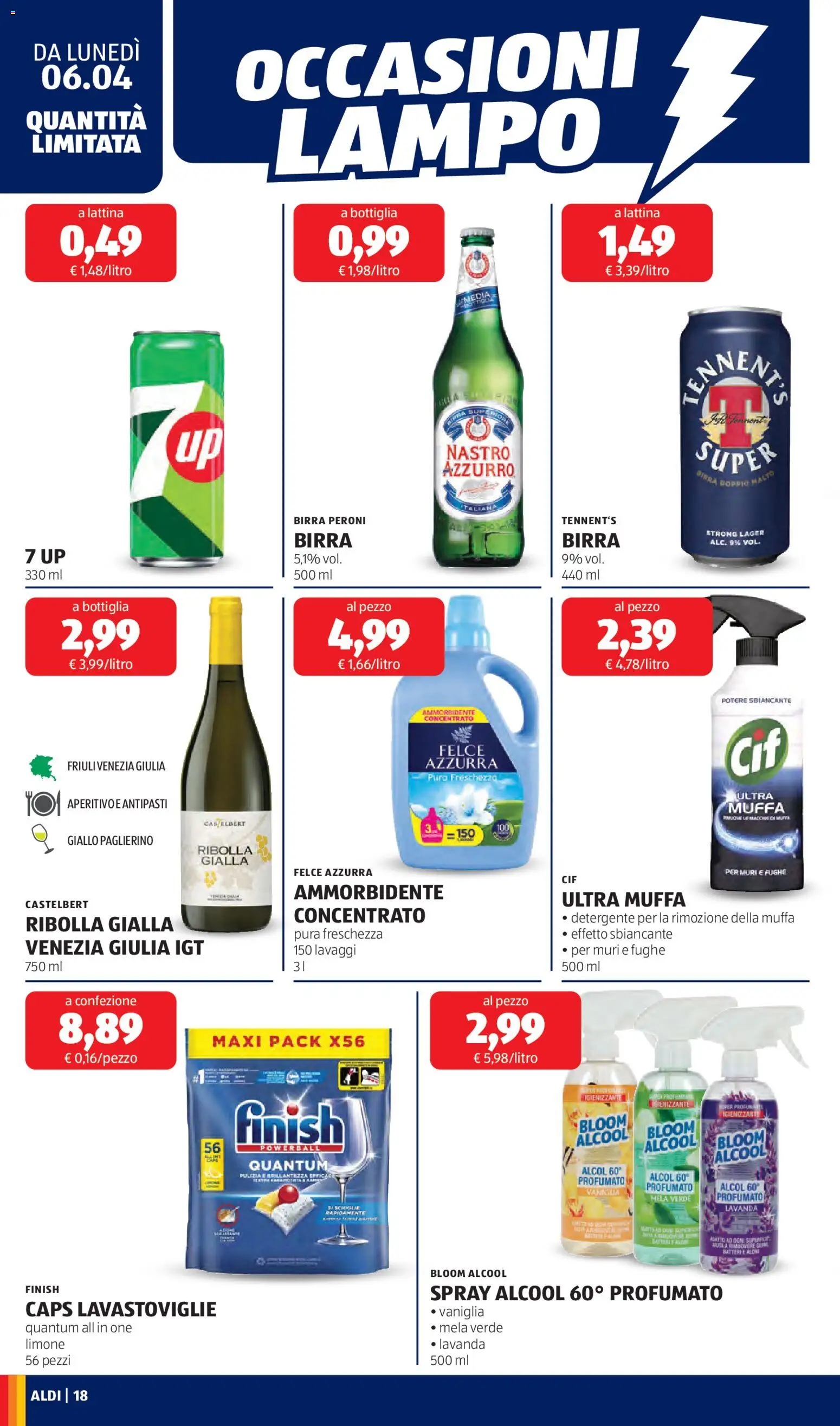 Volantino Aldi del 06.04.2026 | Pagina: 18 | Prodotti: Tennent's, Limone, Lavastoviglie, Lavanda