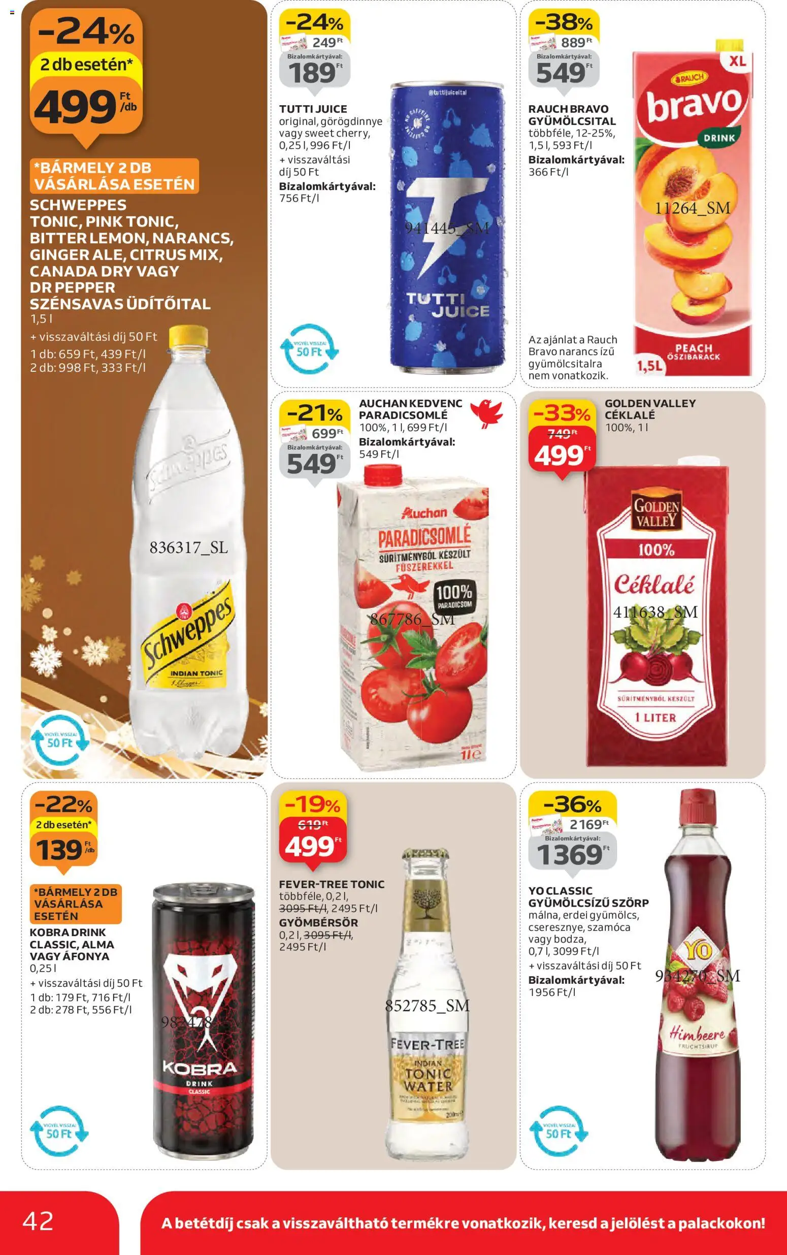 Auchan akciós ujság - amely érvényes a következő dátumtól: 27.11.2025 | Oldal: 42 | Termékek: Szörp, Tonic, Őszibarack, Paradicsomlé